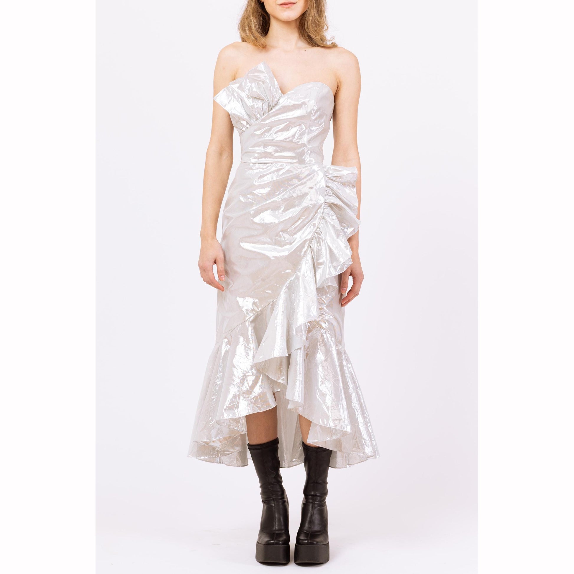 Vintage 80s Silver Metallic Strapless Fishtail Party Dress - XXS | Retro Prom Gown, Formal Ruffled High Low Hem Midi Mermaid Dress