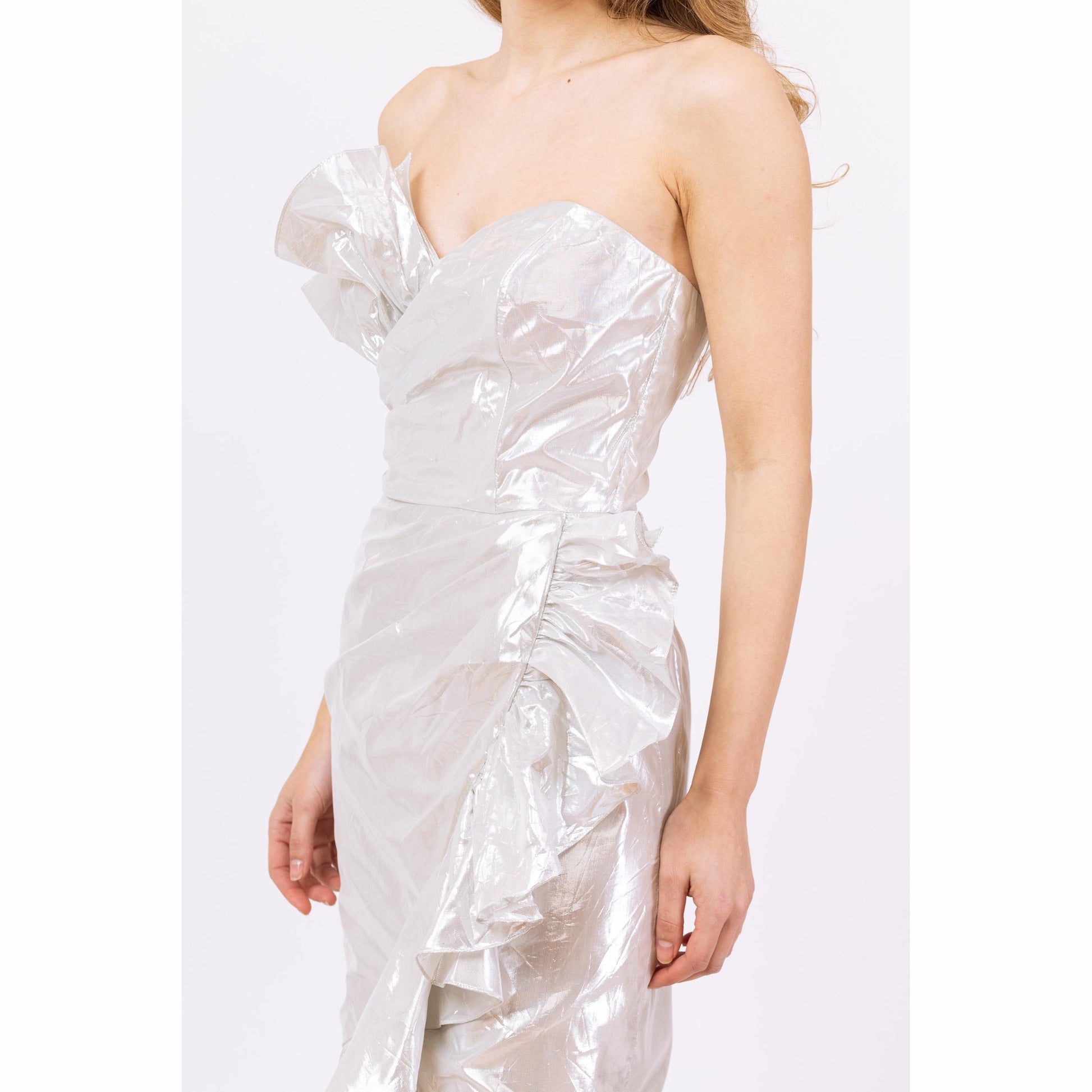 Vintage 80s Silver Metallic Strapless Fishtail Party Dress - XXS | Retro Prom Gown, Formal Ruffled High Low Hem Midi Mermaid Dress