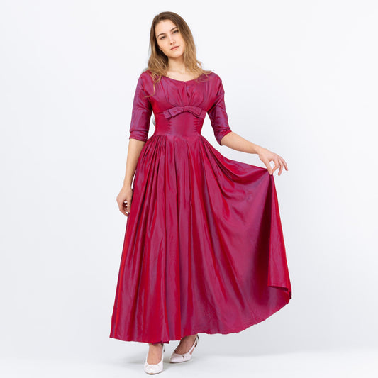 Vintage 1950s Magenta Luminescent Taffeta Evening Gown - XXS | 50s Old Hollywood Glam, Formal 3/4 Sleeve Maxi Party Dress