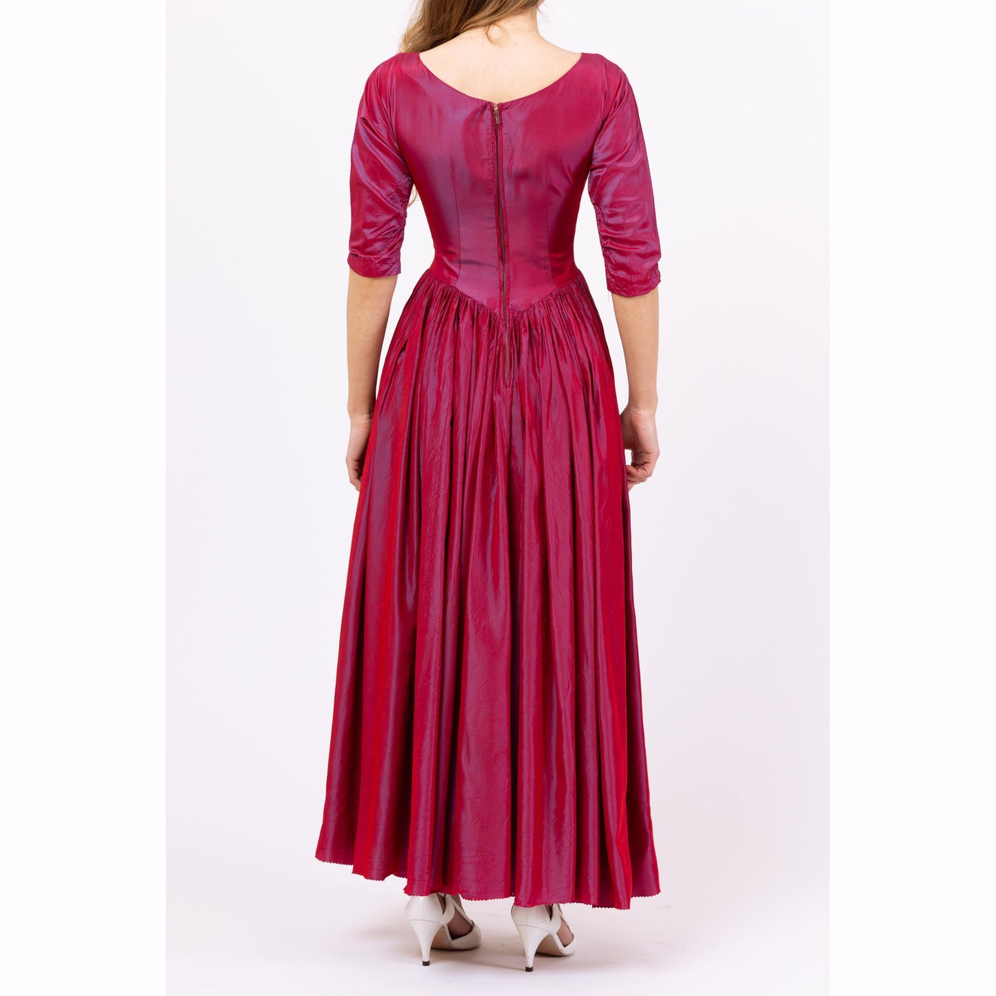 Vintage 1950s Magenta Luminescent Taffeta Evening Gown - XXS | 50s Old Hollywood Glam, Formal 3/4 Sleeve Maxi Party Dress