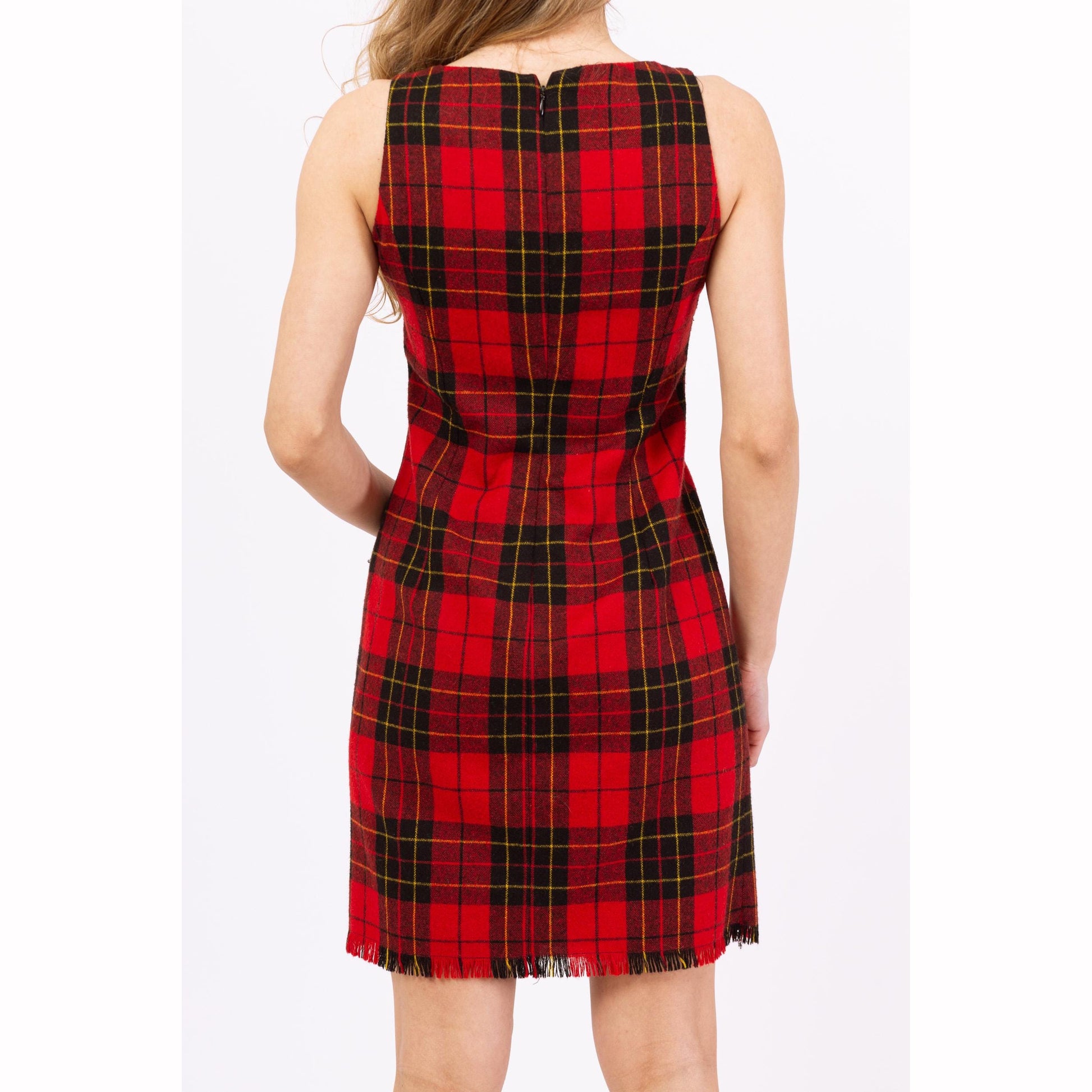 Vintage 90s Hugo Buscati Red Plaid Mini Sheath Dress - Extra Small, Size 2 | Retro Wool Blend Fringe Trim Sleeveless Fitted Cocktail Dress