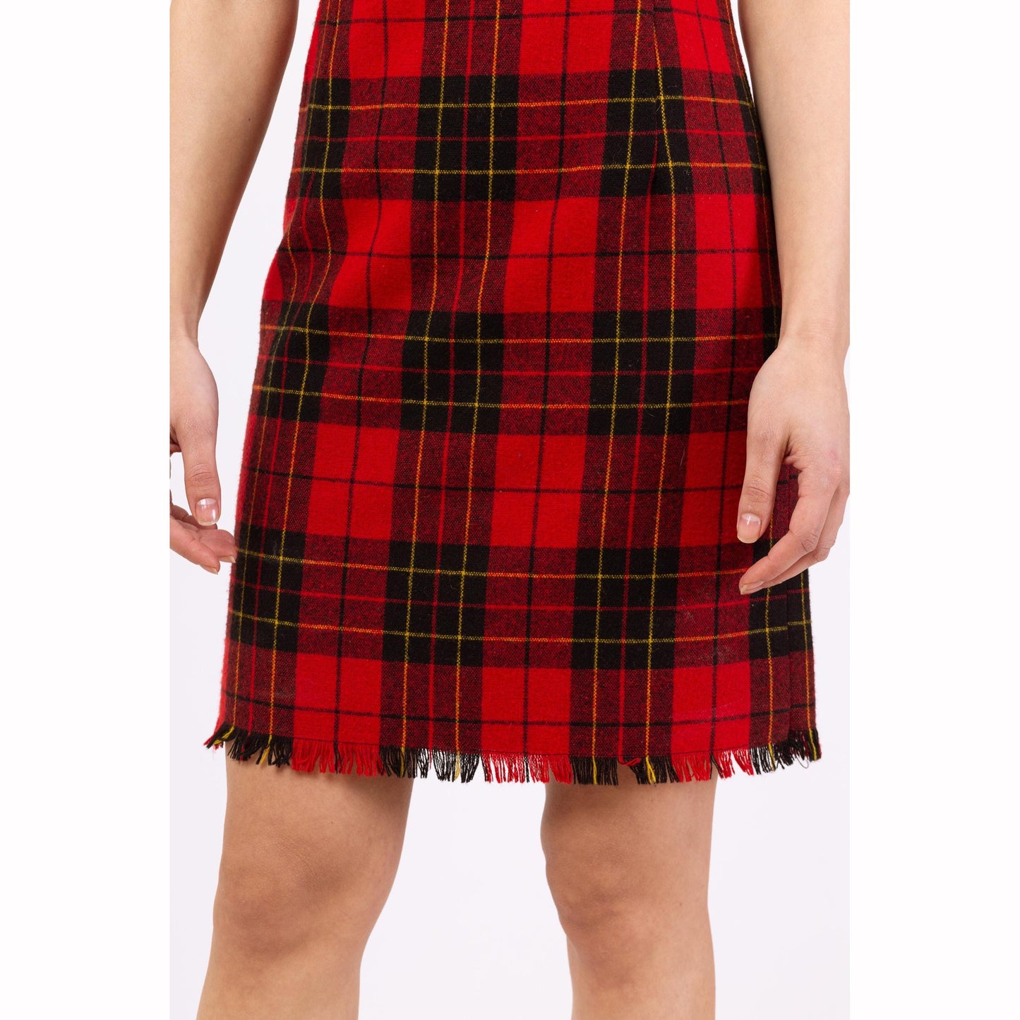 Vintage 90s Hugo Buscati Red Plaid Mini Sheath Dress - Extra Small, Size 2 | Retro Wool Blend Fringe Trim Sleeveless Fitted Cocktail Dress