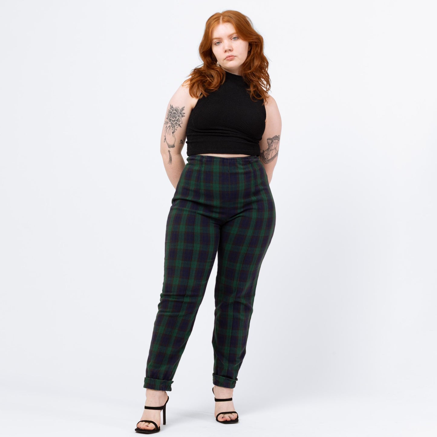 Vintage 90s Green & Navy Blue Plaid Skinny Pants - 30" Waist | Grunge Outfit, High Waisted Stretchy Cuffed Trousers