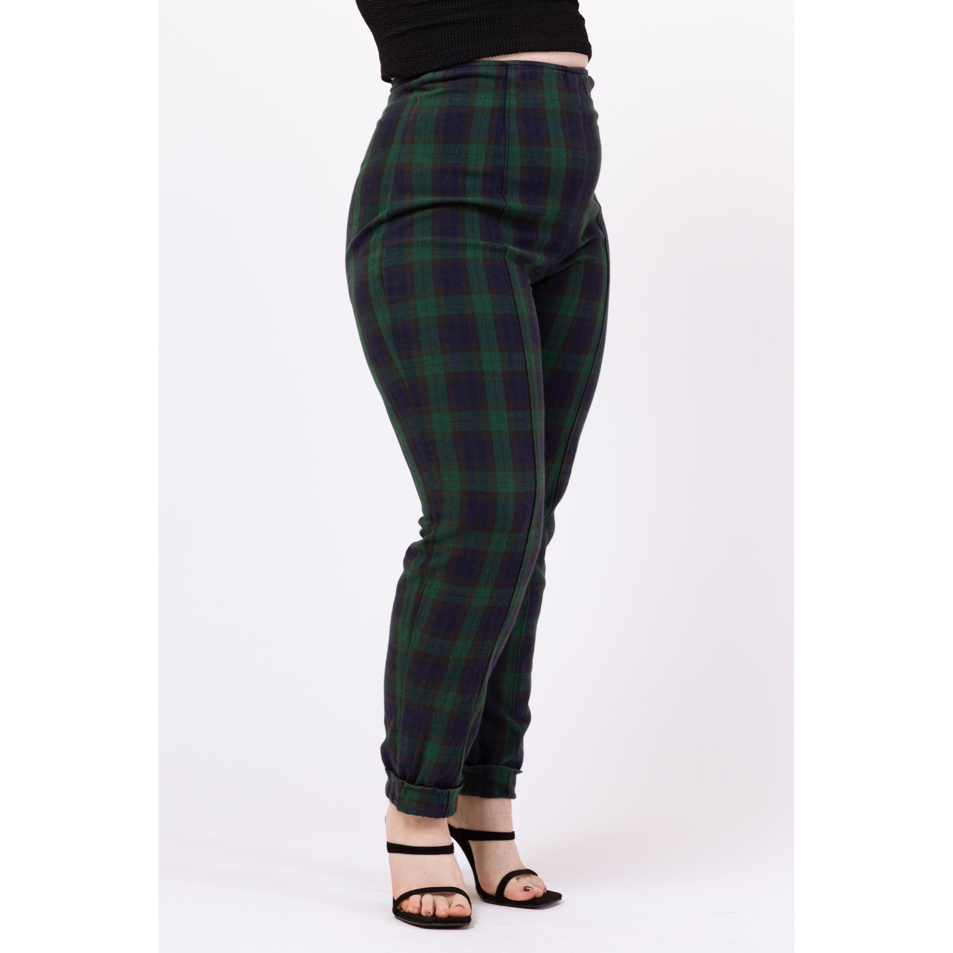 Vintage 90s Green & Navy Blue Plaid Skinny Pants - 30" Waist | Grunge Outfit, High Waisted Stretchy Cuffed Trousers