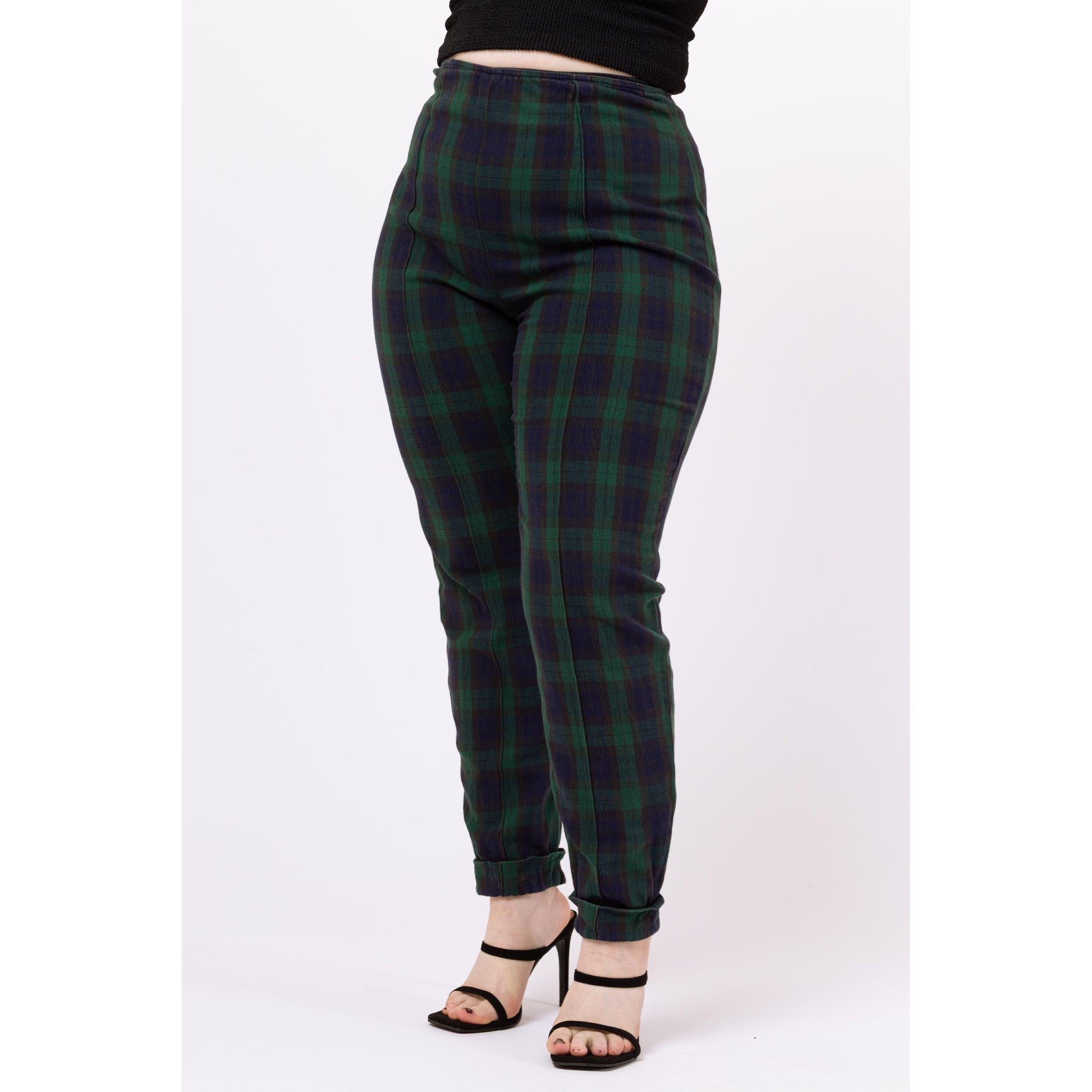 Vintage 90s Green & Navy Blue Plaid Skinny Pants - 30" Waist | Grunge Outfit, High Waisted Stretchy Cuffed Trousers