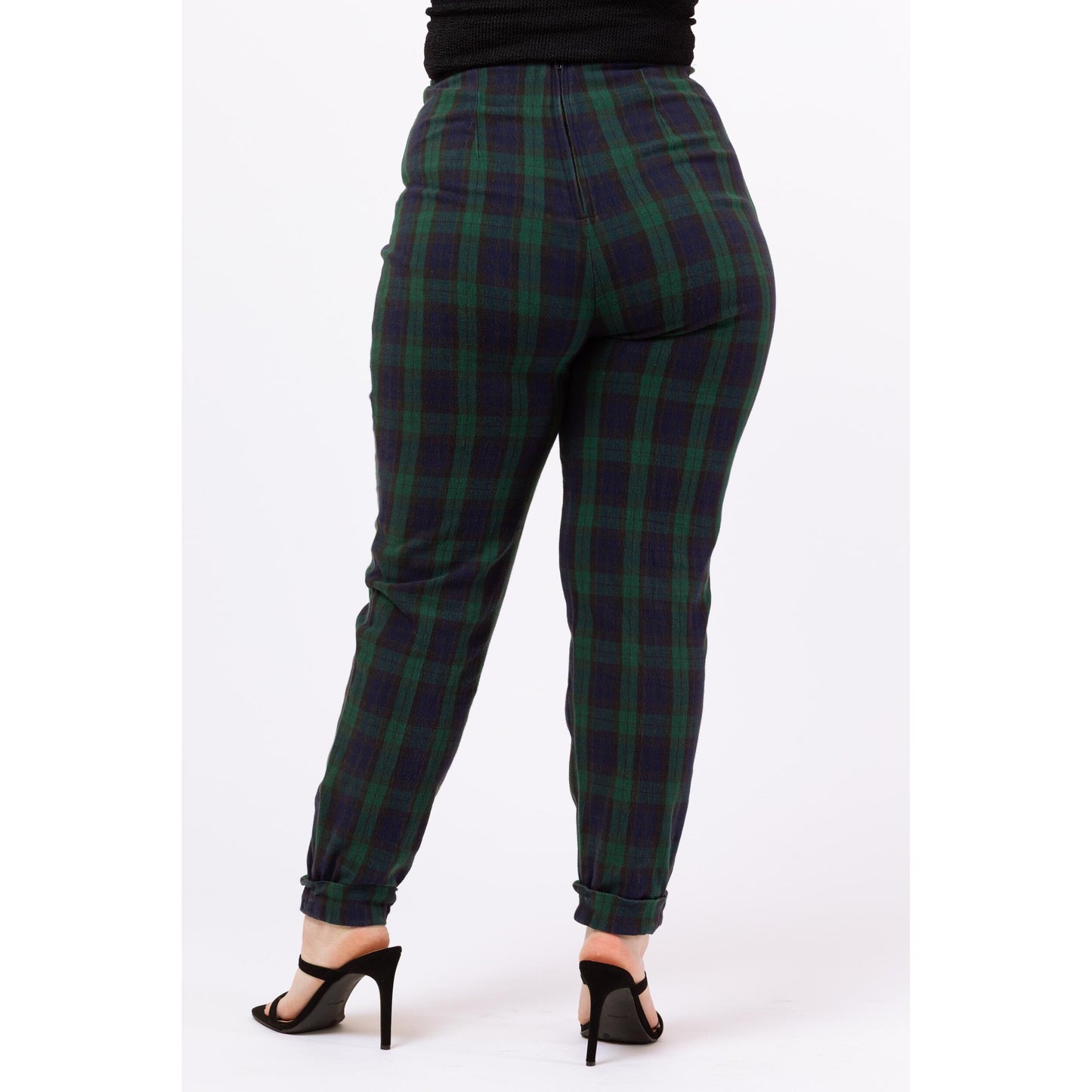 Vintage 90s Green & Navy Blue Plaid Skinny Pants - 30" Waist | Grunge Outfit, High Waisted Stretchy Cuffed Trousers