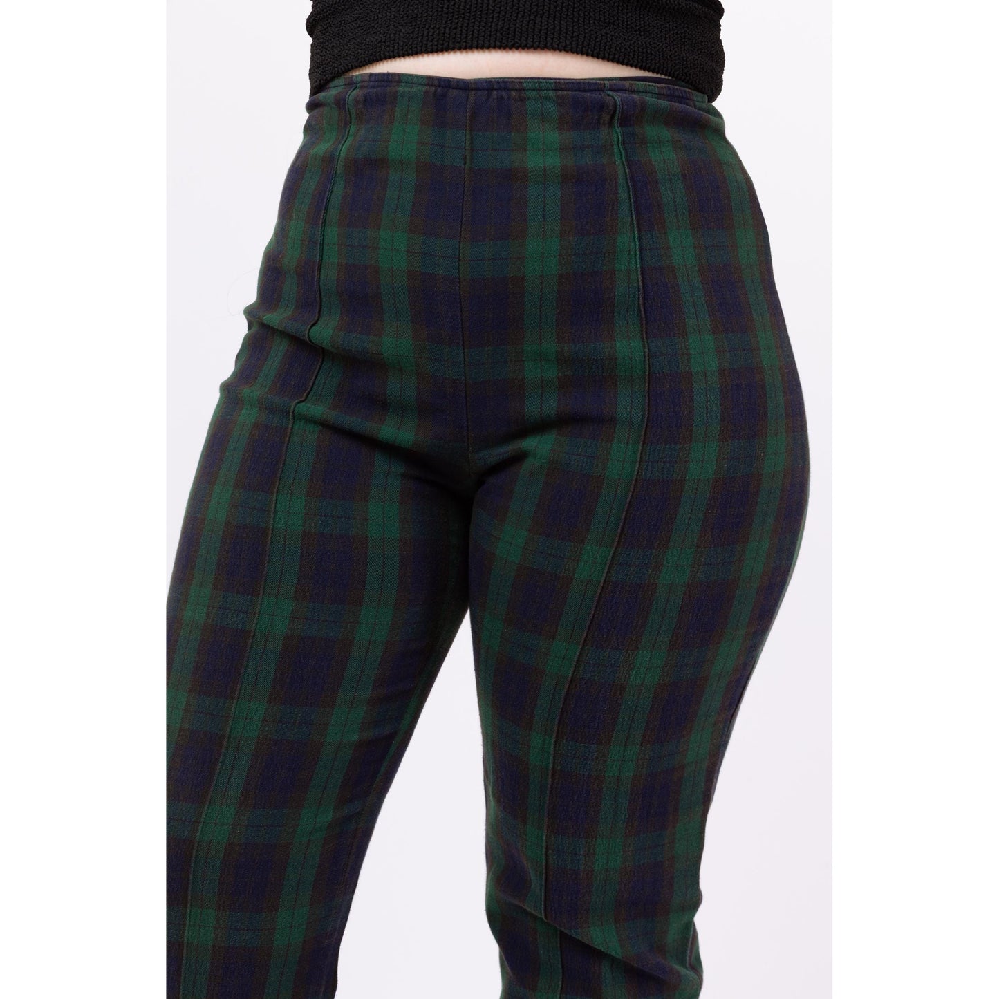 Vintage 90s Green & Navy Blue Plaid Skinny Pants - 30" Waist | Grunge Outfit, High Waisted Stretchy Cuffed Trousers