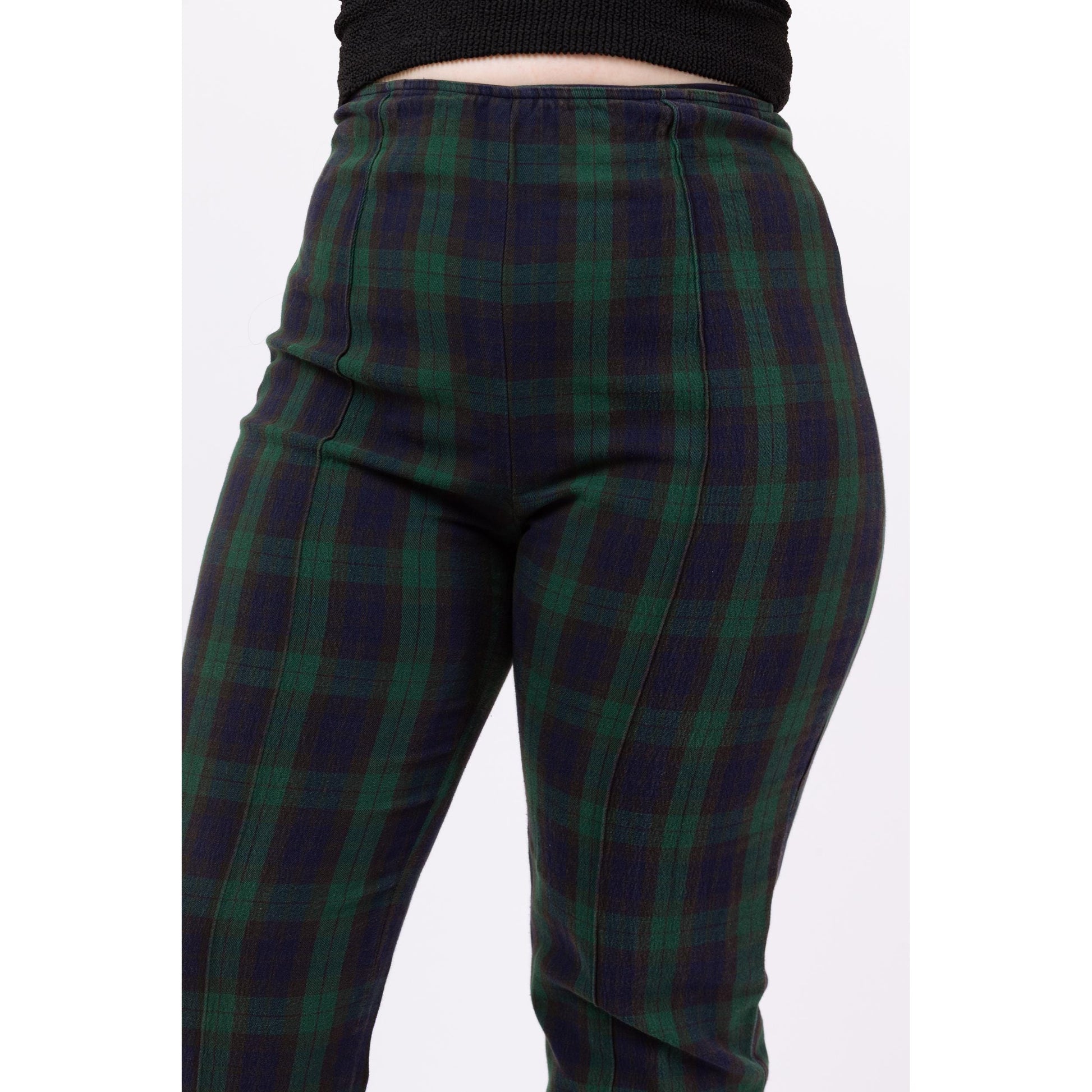 Vintage 90s Green & Navy Blue Plaid Skinny Pants - 30" Waist | Grunge Outfit, High Waisted Stretchy Cuffed Trousers