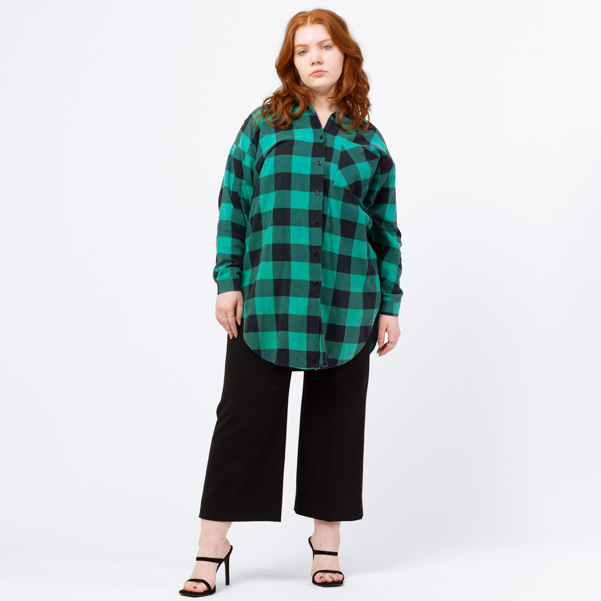 Vintage 80s Green & Black Buffalo Plaid Long Soft Flannel Shirt - Large | Grunge Clothing, Oversize Button Up Long Sleeve Collared Top