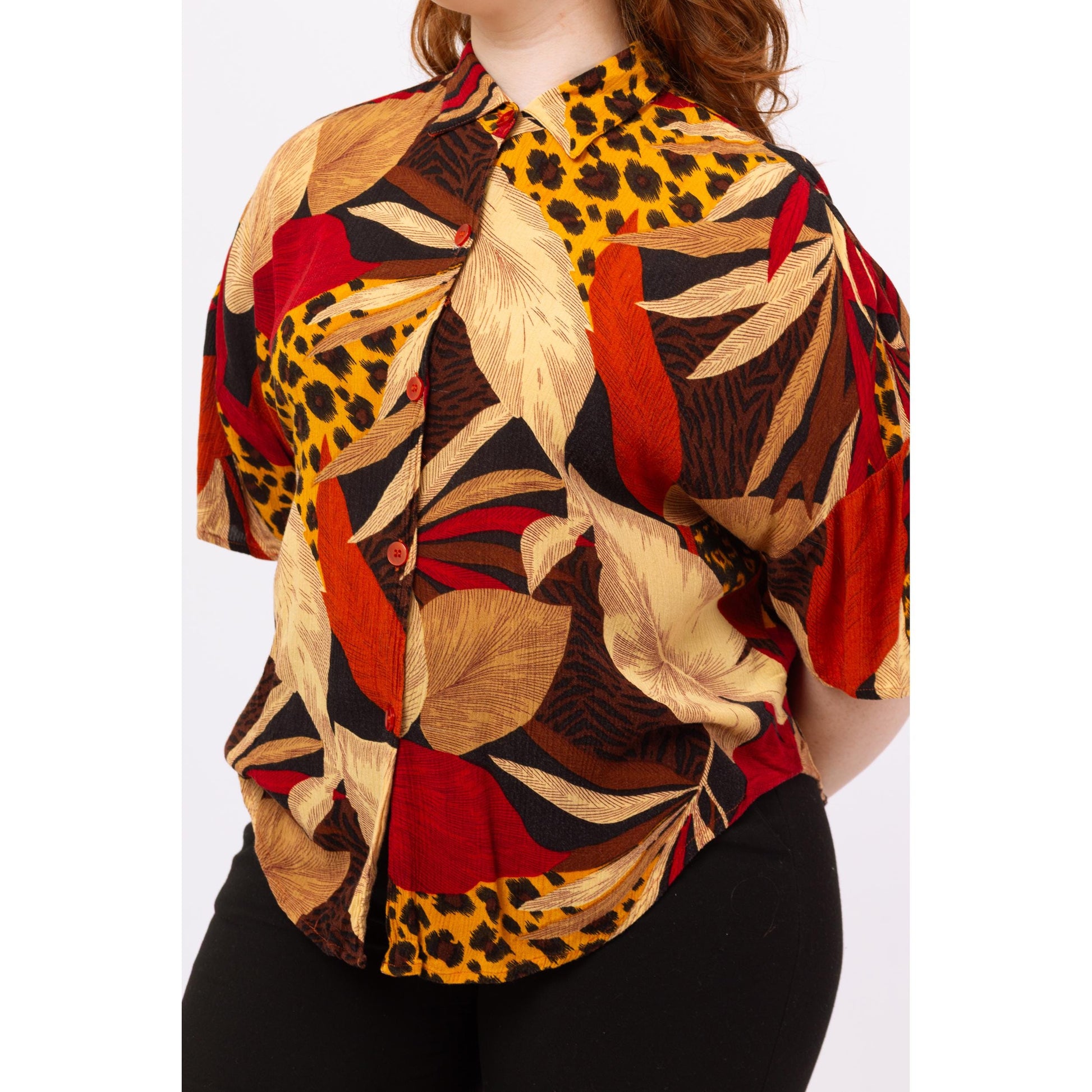 Vintage 90s Grunge Soft Tropical Leaf & Animal Print Shirt - Medium | Red Black Yellow Button Up Half Sleeve Rayon Top