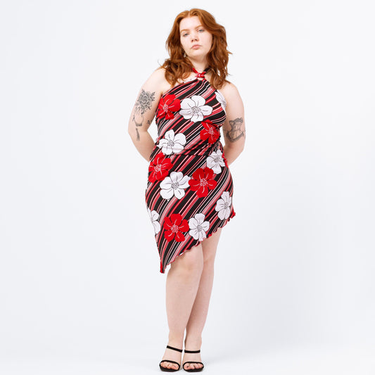 Vintage 90s Y2K Tropical Hibiscus Floral Party Dress - Medium to Large | Red White & Black Lettuce Hem Mini Dress, Boho Summer Sundress