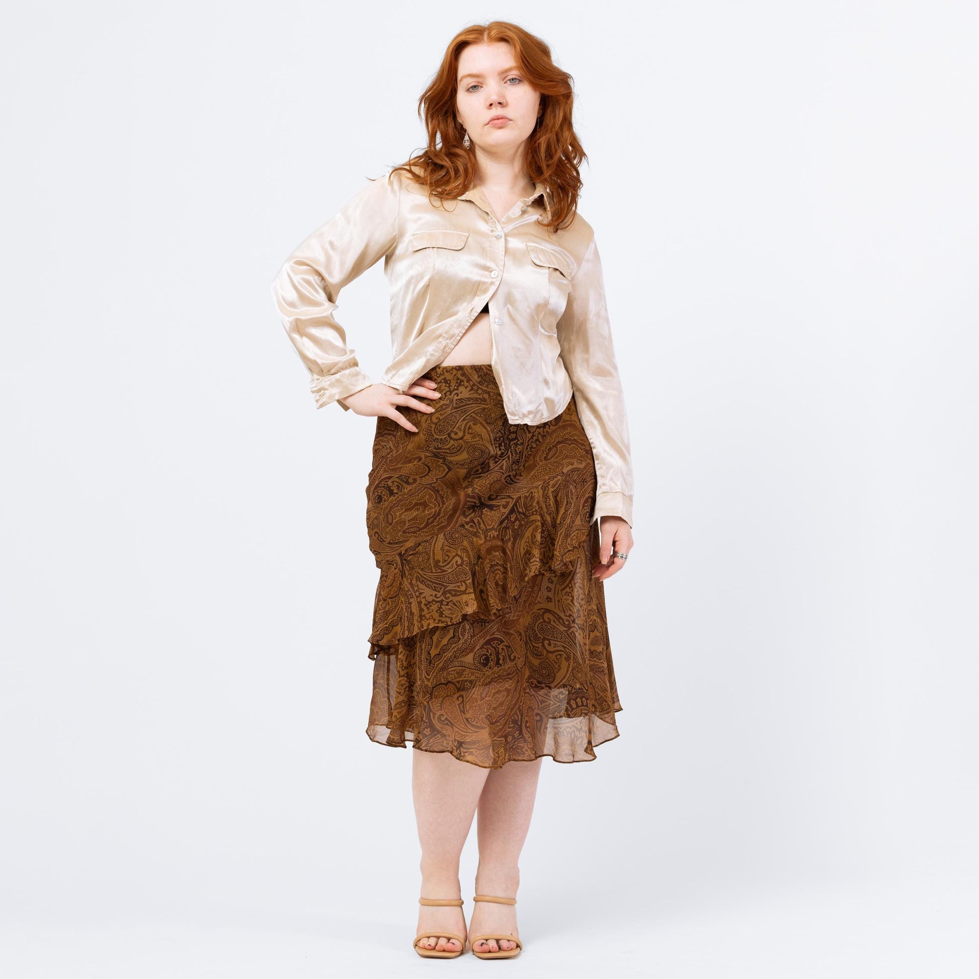 Vintage Y2K Ralph Lauren Brown Paisley Silk Midi Skirt – Petite Medium | Boho Long Flowy Skirt, Festival Fairycore Skirt
