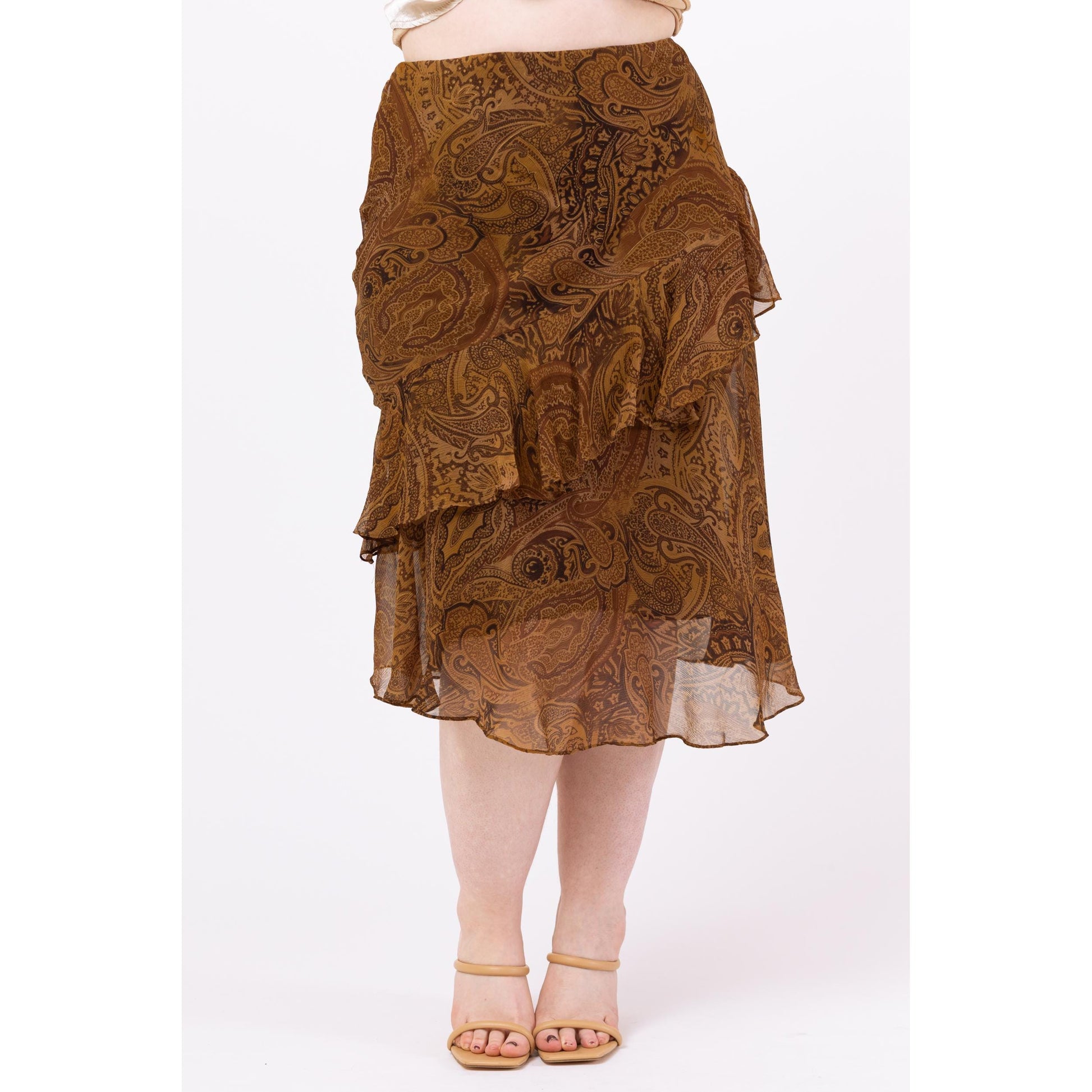 Vintage Y2K Ralph Lauren Brown Paisley Silk Midi Skirt – Petite Medium | Boho Long Flowy Skirt, Festival Fairycore Skirt