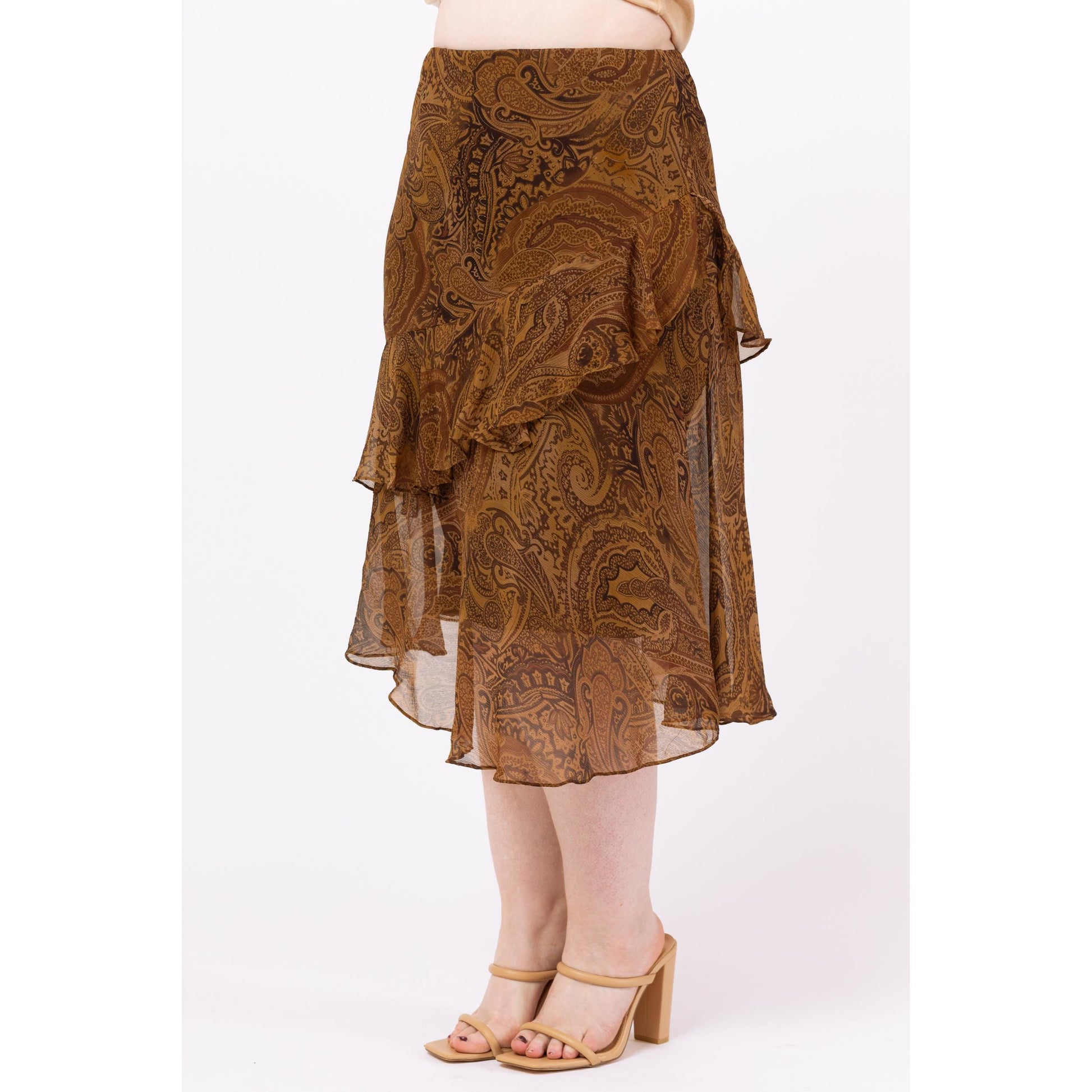 Vintage Y2K Ralph Lauren Brown Paisley Silk Midi Skirt – Petite Medium | Boho Long Flowy Skirt, Festival Fairycore Skirt