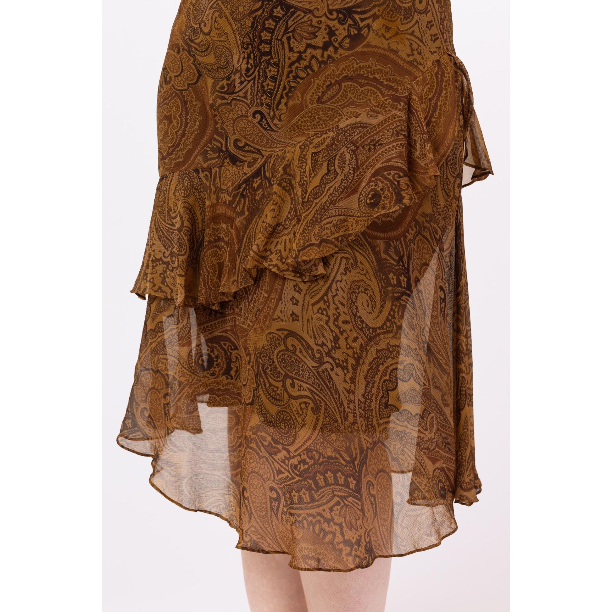 Vintage Y2K Ralph Lauren Brown Paisley Silk Midi Skirt – Petite Medium | Boho Long Flowy Skirt, Festival Fairycore Skirt
