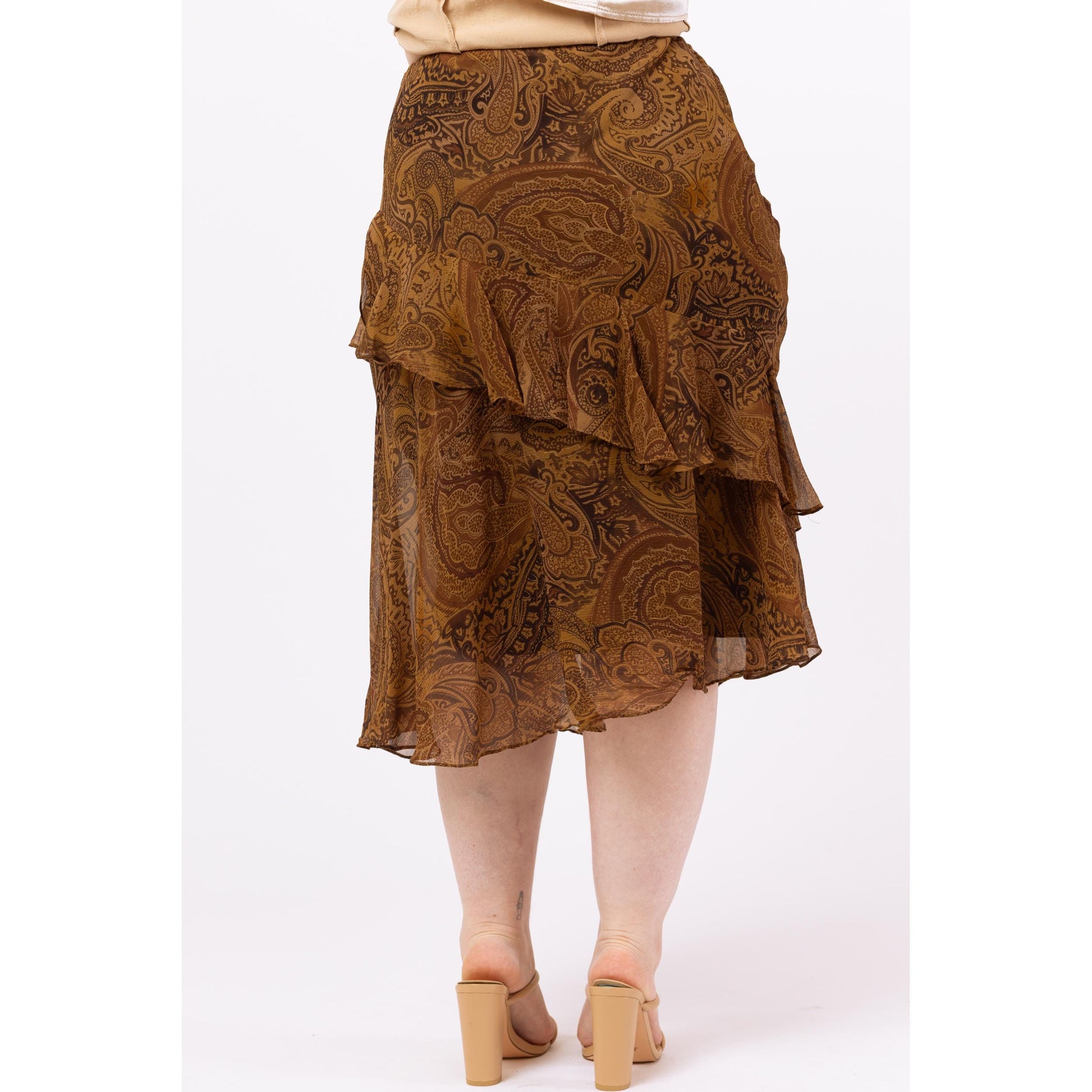 Vintage Y2K Ralph Lauren Brown Paisley Silk Midi Skirt – Petite Medium | Boho Long Flowy Skirt, Festival Fairycore Skirt