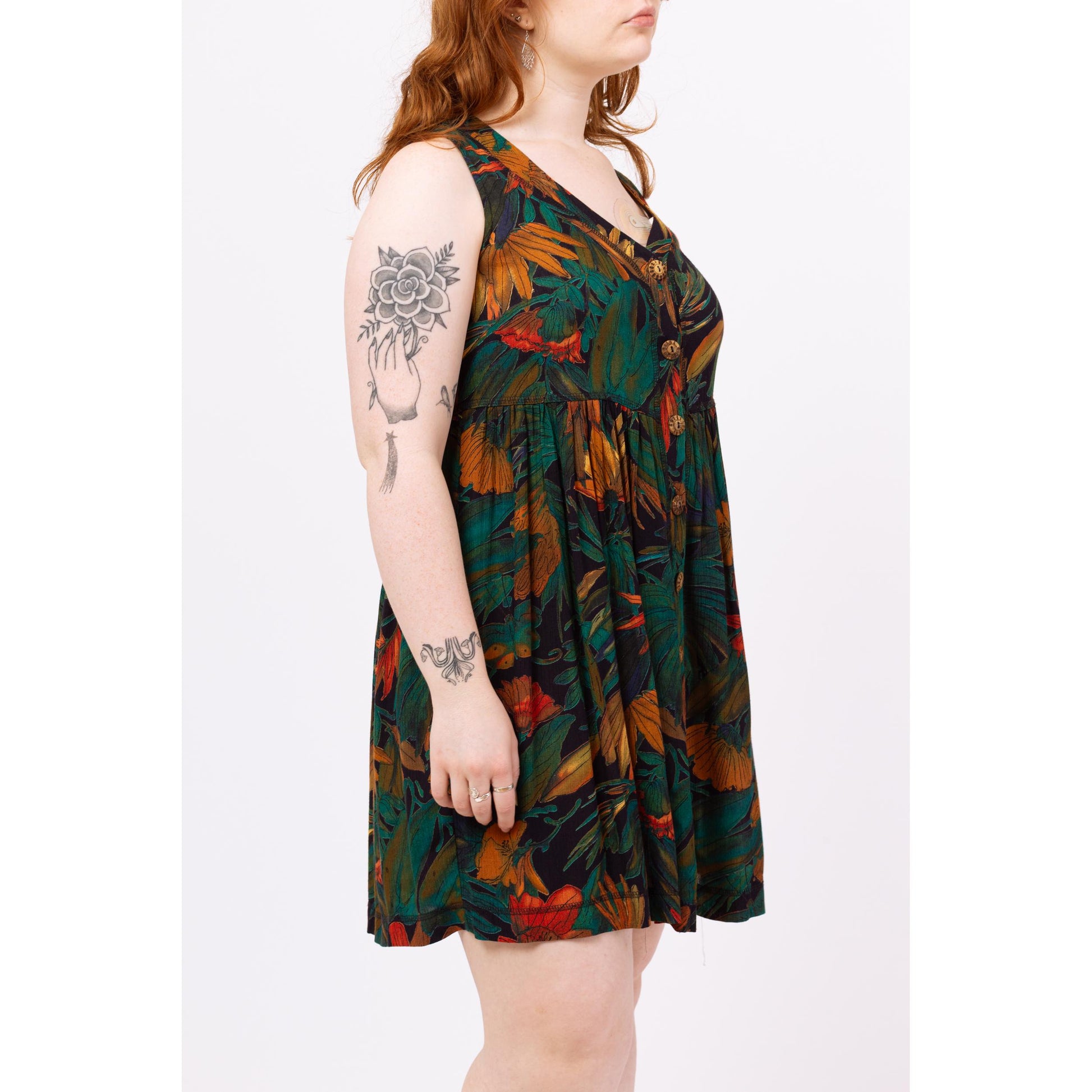 Vintage 90s Green Tropical Floral Babydoll Mini Dress - Medium | Boho Summer Sundress, Sleeveless Button Up Grunge Dress