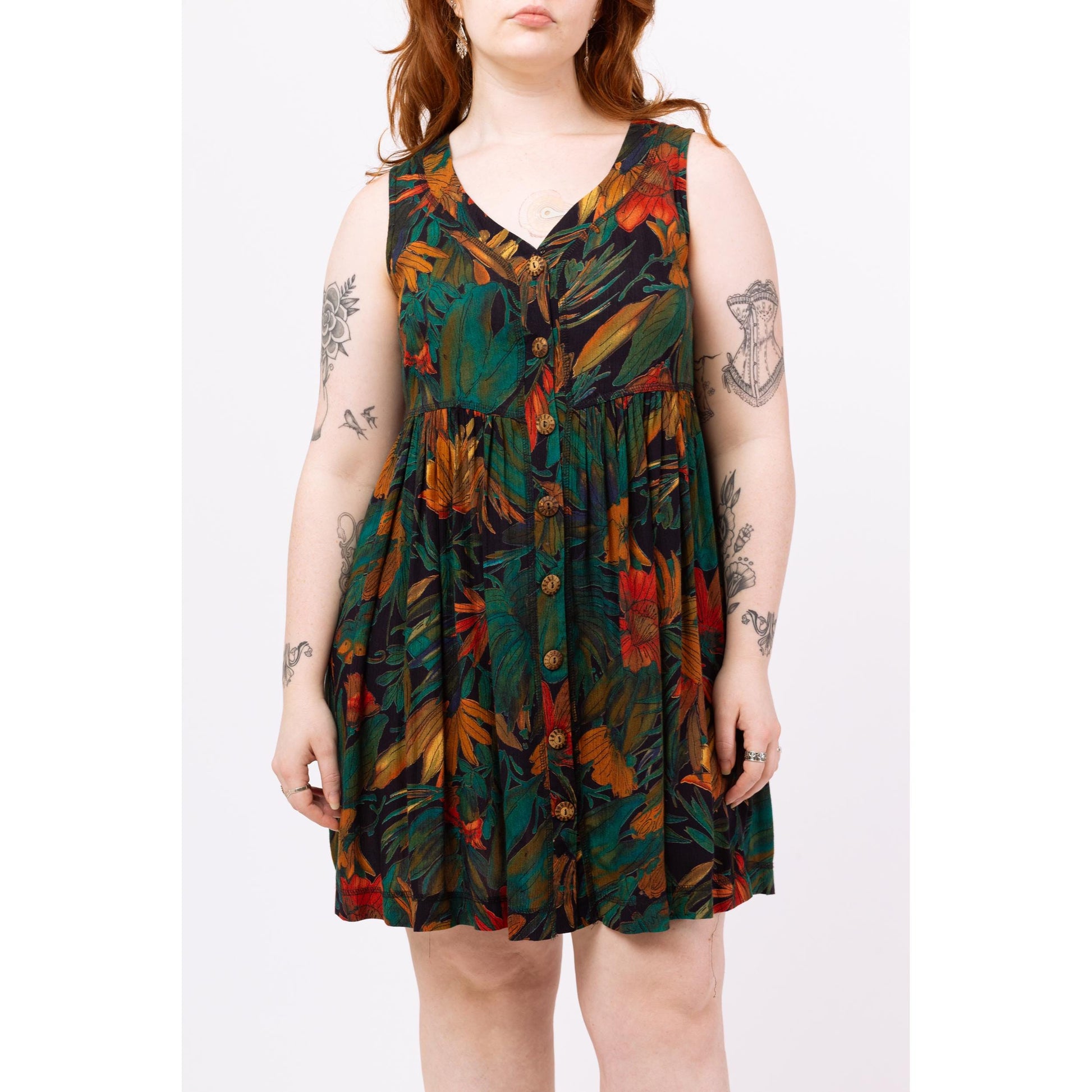 Vintage 90s Green Tropical Floral Babydoll Mini Dress - Medium | Boho Summer Sundress, Sleeveless Button Up Grunge Dress