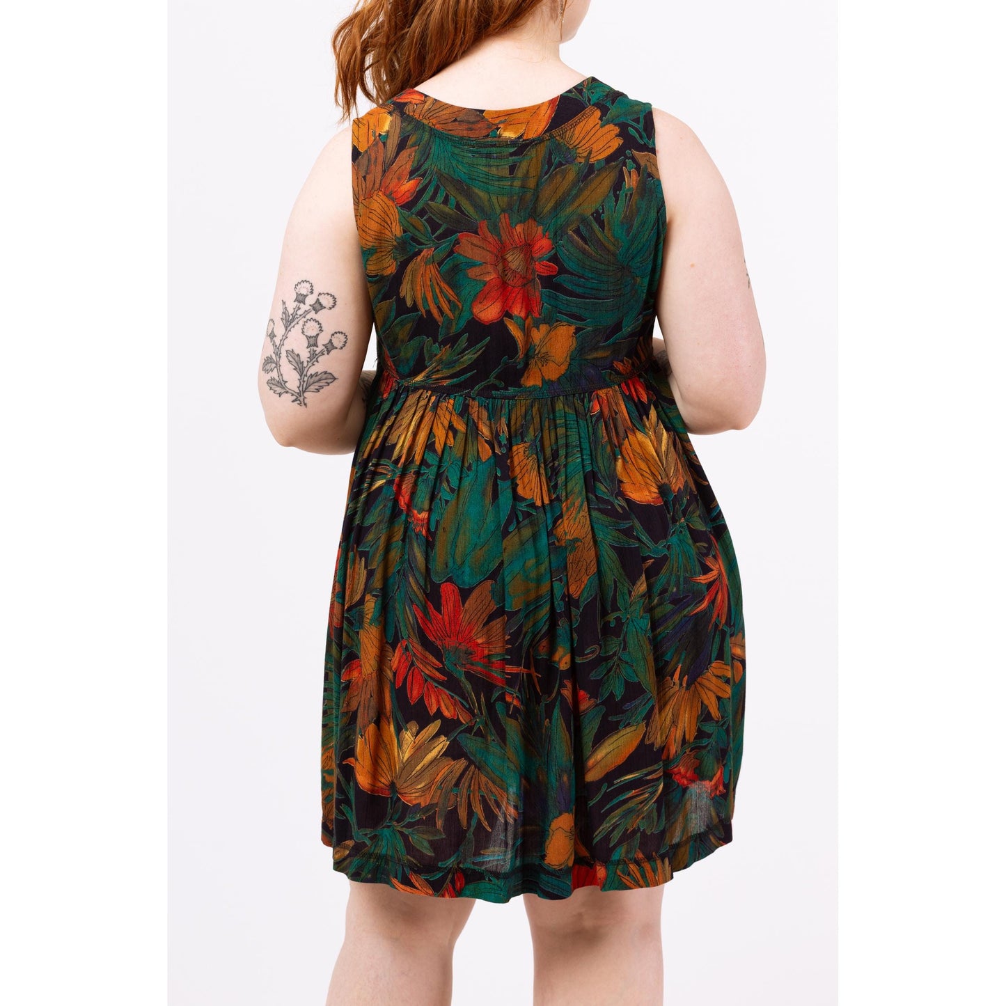 Vintage 90s Green Tropical Floral Babydoll Mini Dress - Medium | Boho Summer Sundress, Sleeveless Button Up Grunge Dress