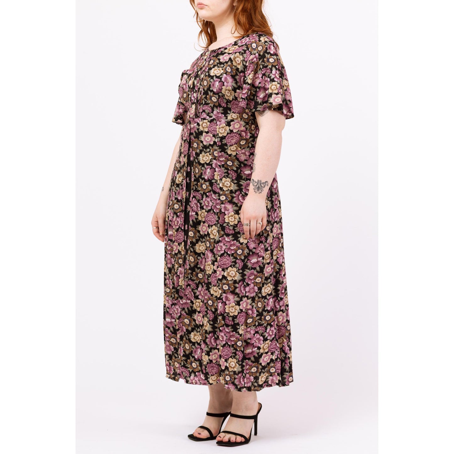 Vintage 90s Black & Purple Floral Maxi Dress – Large | Boho Grunge Dress, Flutter Sleeve Split Front Summer Sundress