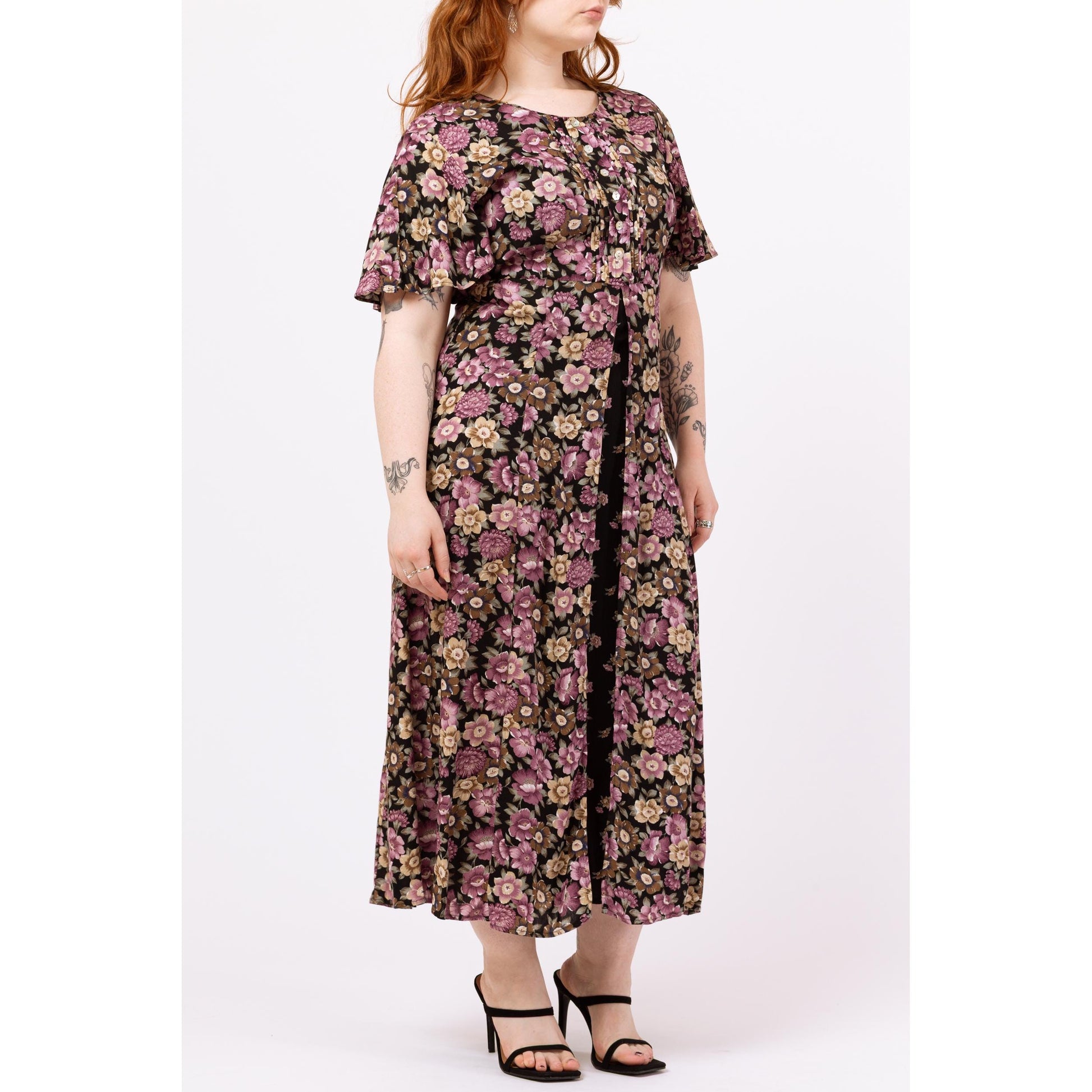 Vintage 90s Black & Purple Floral Maxi Dress – Large | Boho Grunge Dress, Flutter Sleeve Split Front Summer Sundress