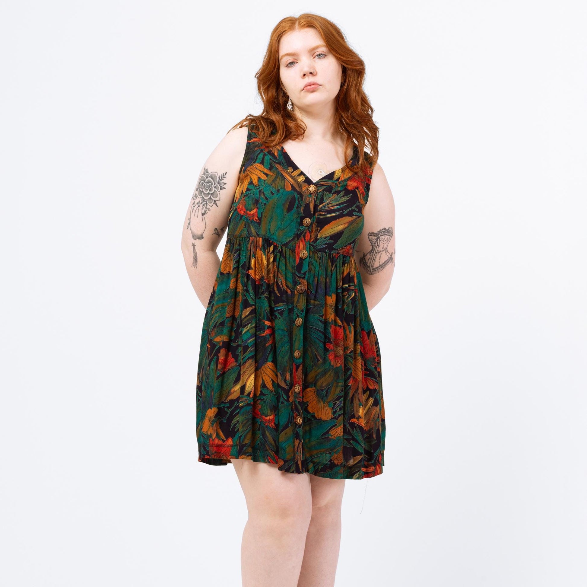 Vintage 90s Green Tropical Floral Babydoll Mini Dress - Medium | Boho Summer Sundress, Sleeveless Button Up Grunge Dress