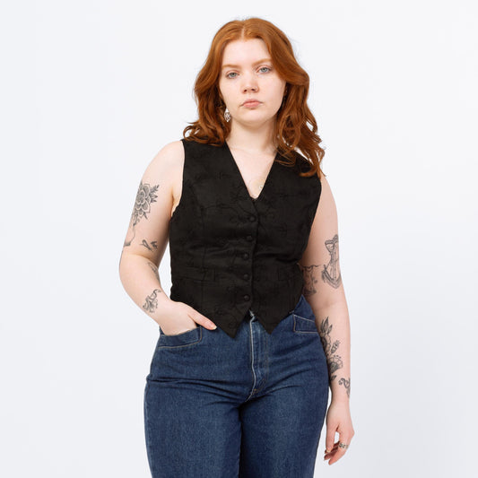 Vintage 90s Black Linen Floral Embroidered Vest - Medium | Boho Crop Top, Button Up V Neck Sleeveless Shirt