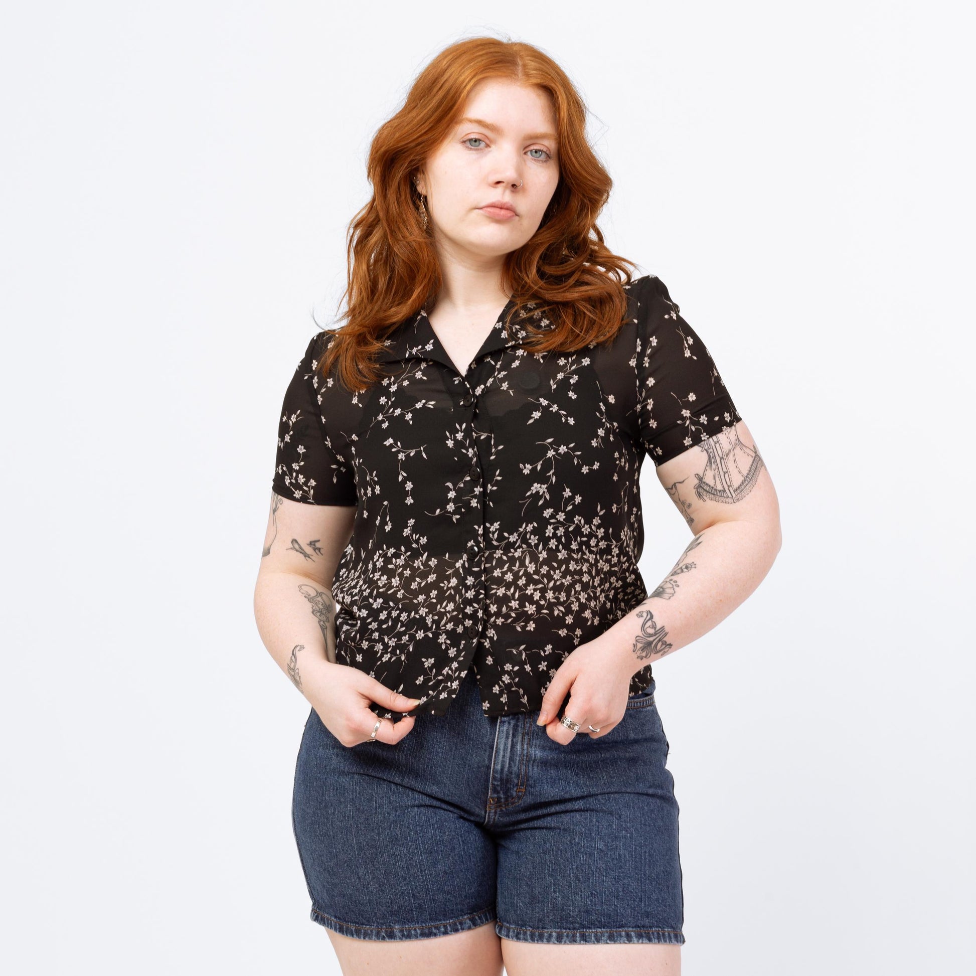 Vintage 90s Sheer Black Falling Floral Blouse - Medium | Boho Short Sleeve Button Up Collared Top