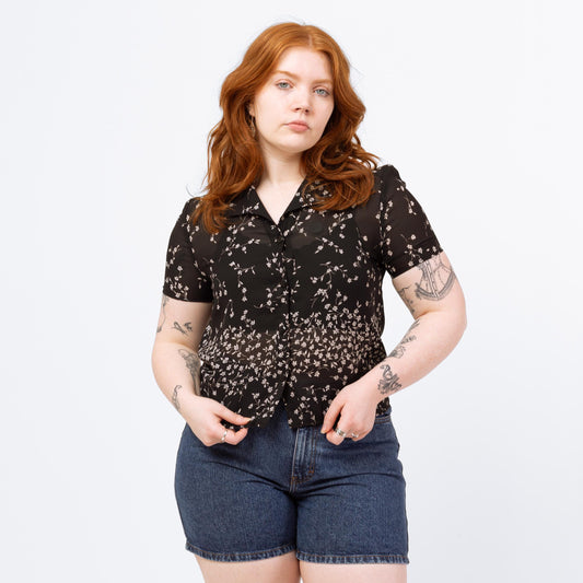 Vintage 90s Sheer Black Falling Floral Blouse - Medium | Boho Short Sleeve Button Up Collared Top