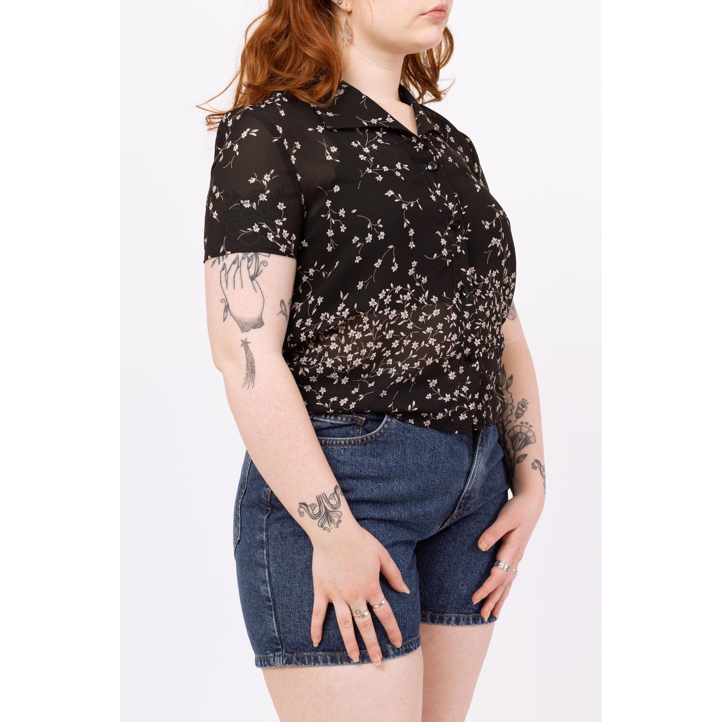Vintage 90s Sheer Black Falling Floral Blouse - Medium | Boho Short Sleeve Button Up Collared Top