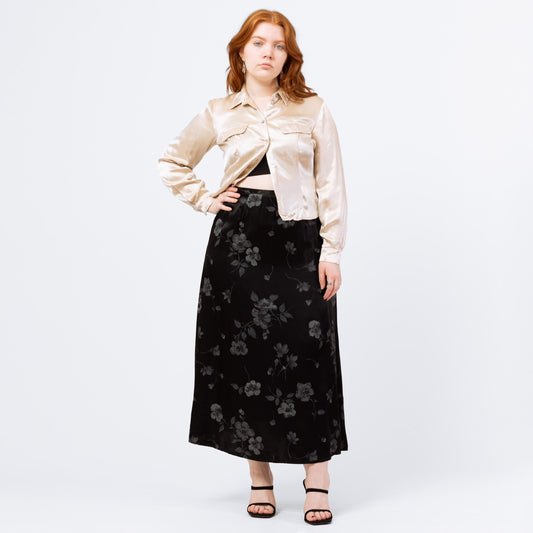Vintage 90s Black & Grey Floral Satin Maxi Skirt - Large, 31.5" Waist | Boho A Line Long Skirt, Gothic Grunge Skirt