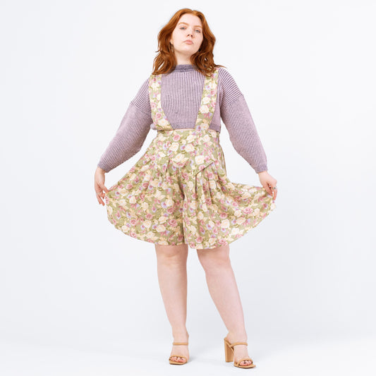 Vintage 80s Sage Green Pastel Floral Pinafore Romper – Large | Boho Suspender Playsuit, Wide Leg Overall Dress, Flowy Summer Outfit