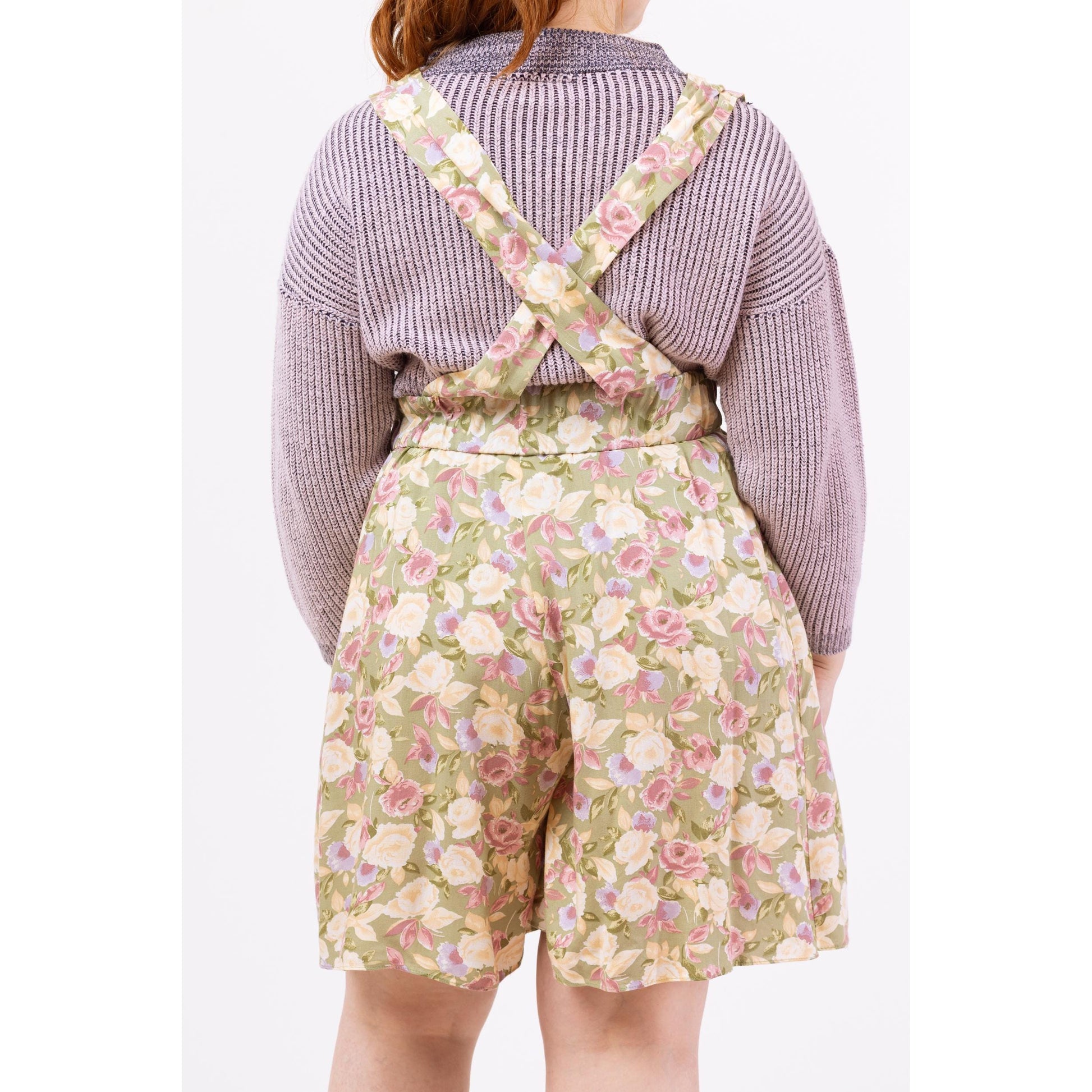 Vintage 80s Sage Green Pastel Floral Pinafore Romper – Large | Boho Suspender Playsuit, Wide Leg Overall Dress, Flowy Summer Outfit