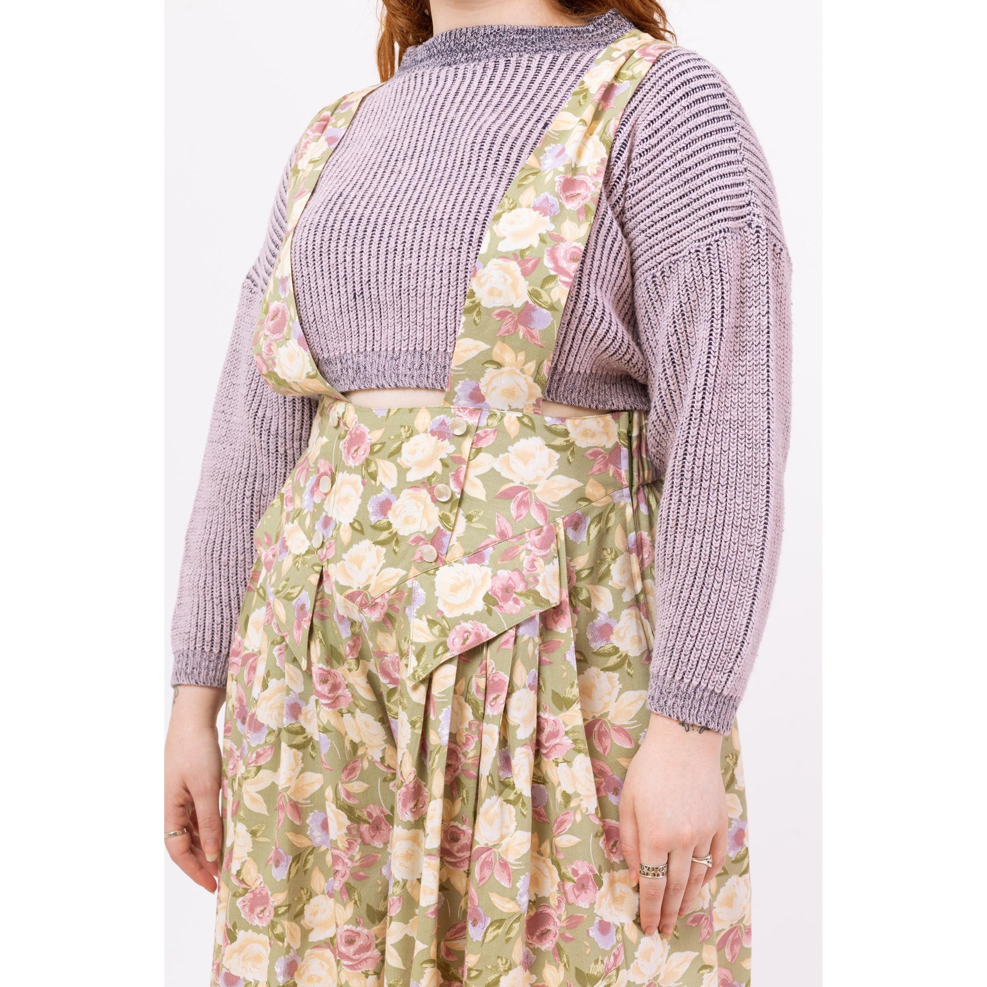 Vintage 80s Sage Green Pastel Floral Pinafore Romper – Large | Boho Suspender Playsuit, Wide Leg Overall Dress, Flowy Summer Outfit