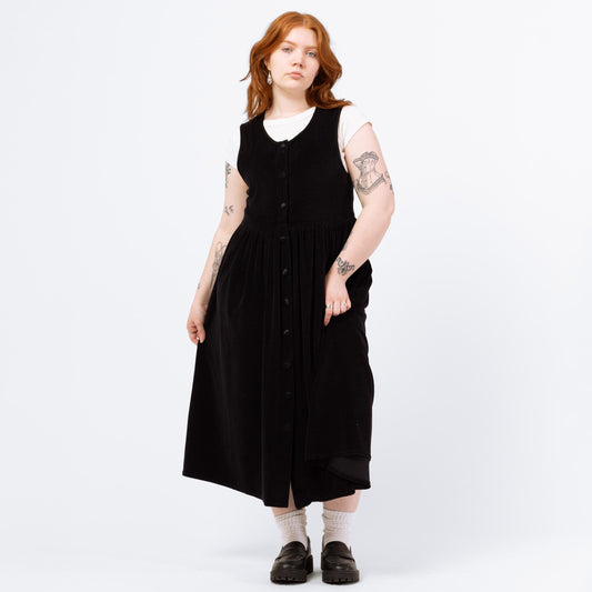 Vintage 90s Black Velour Pinafore Midi Dress - Medium | Sleeveless Grunge Dress, Minimalist Button Up Jumper Dress