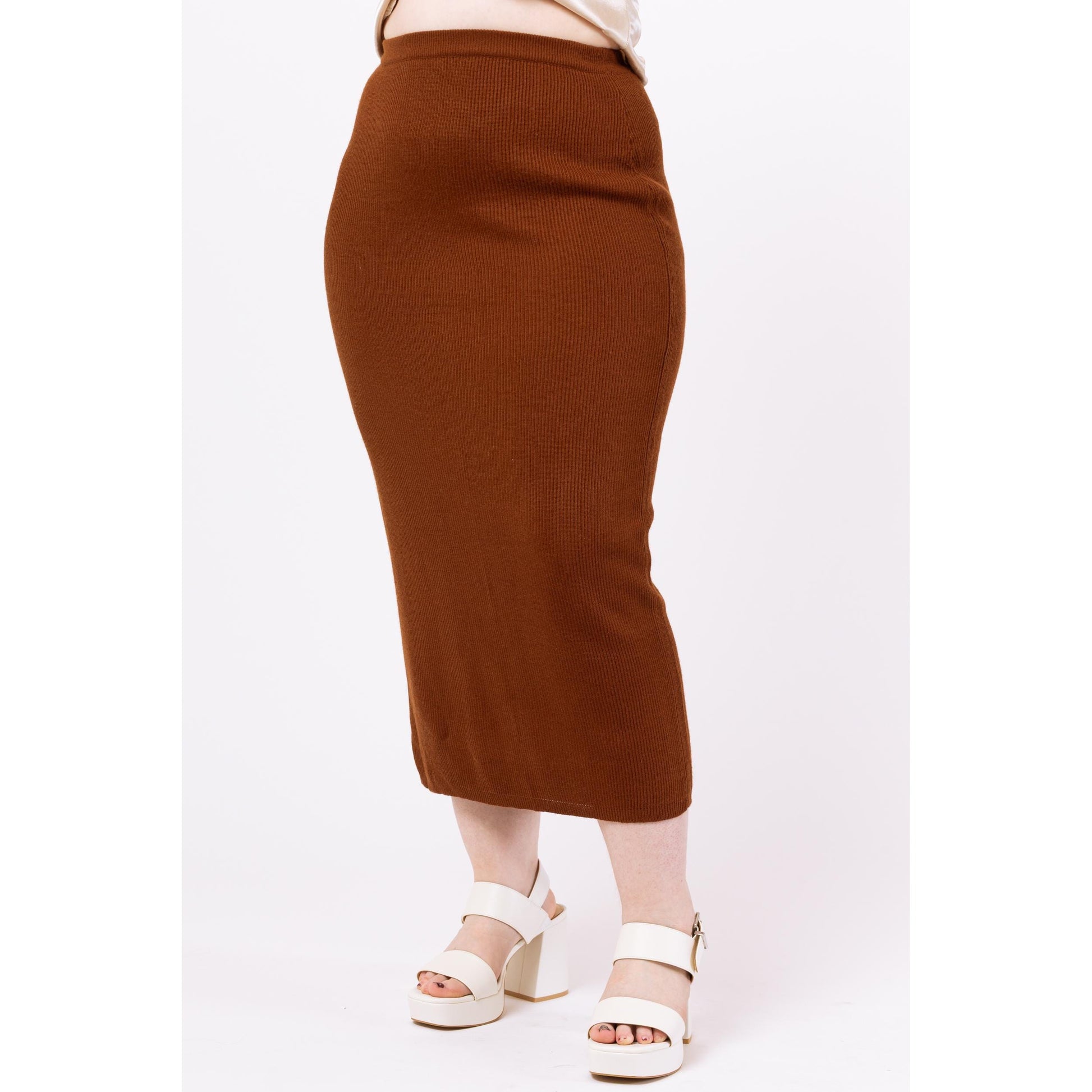 Vintage 90s Cocoa Brown Knit Maxi Skirt - Medium | Evan Picone Minimalist Fitted Stretchy Pencil Skirt