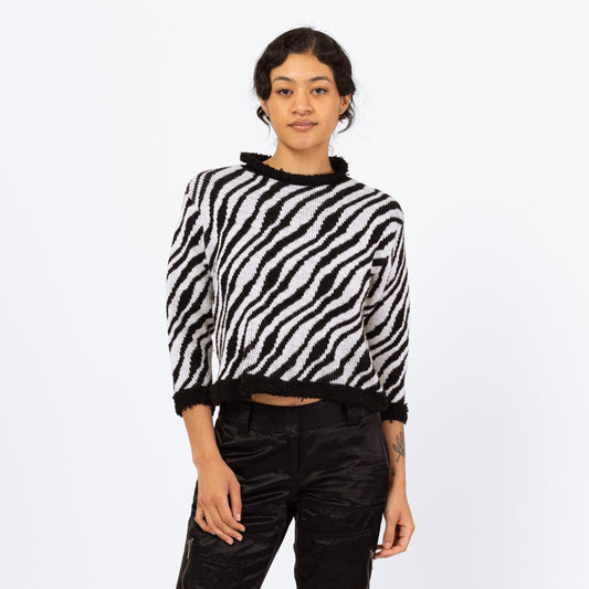 Vintage 90s Zebra Striped Cropped Shaggy Knit Sweater - Small | Grunge Sweater, Crop Top Animal Print Pullover