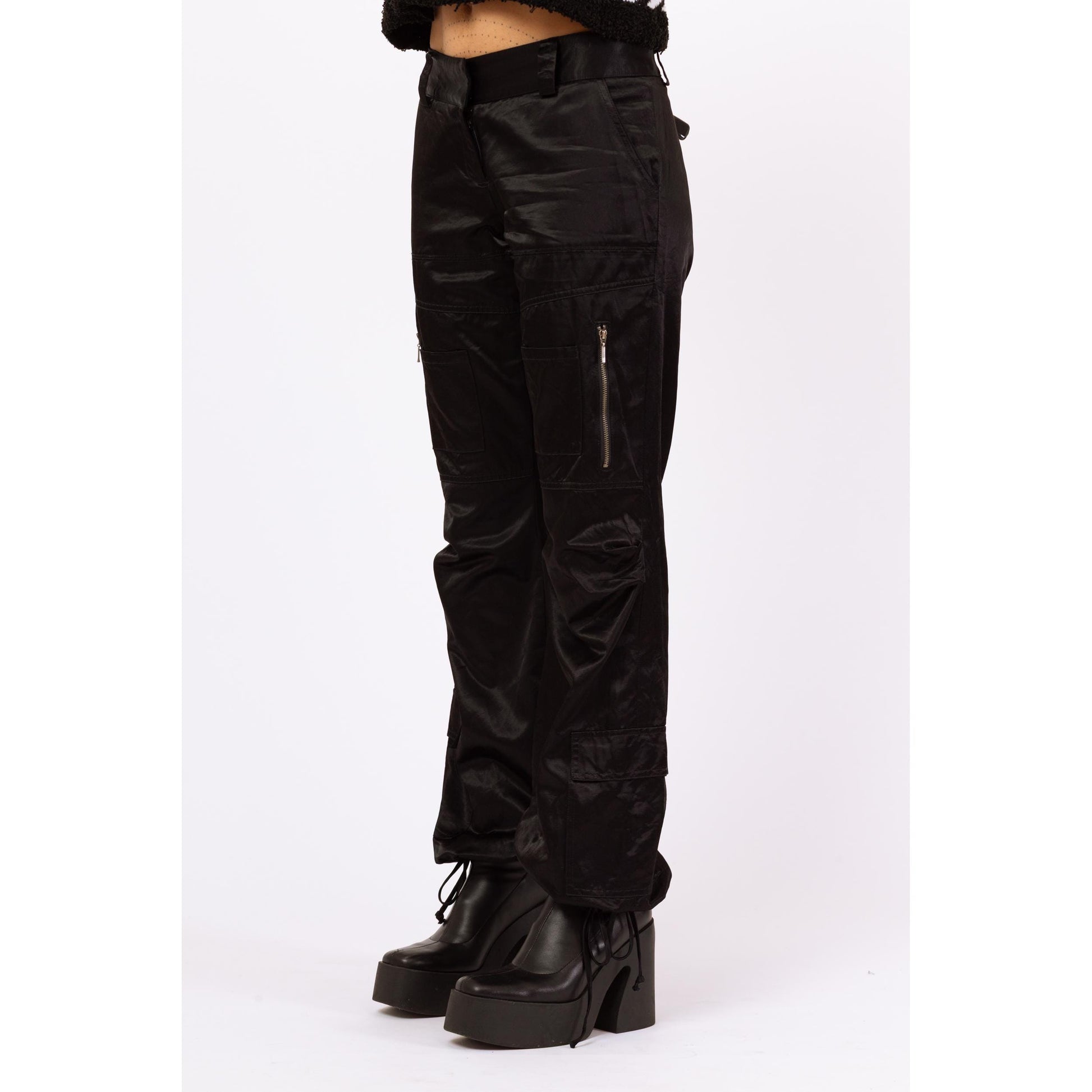 Vintage Y2K Gothic Black Satin Low Rise Cargo Pocket Pants - Medium, Size 10 | Cyber Goth Pants, 2000s Alt Girl Aesthetic