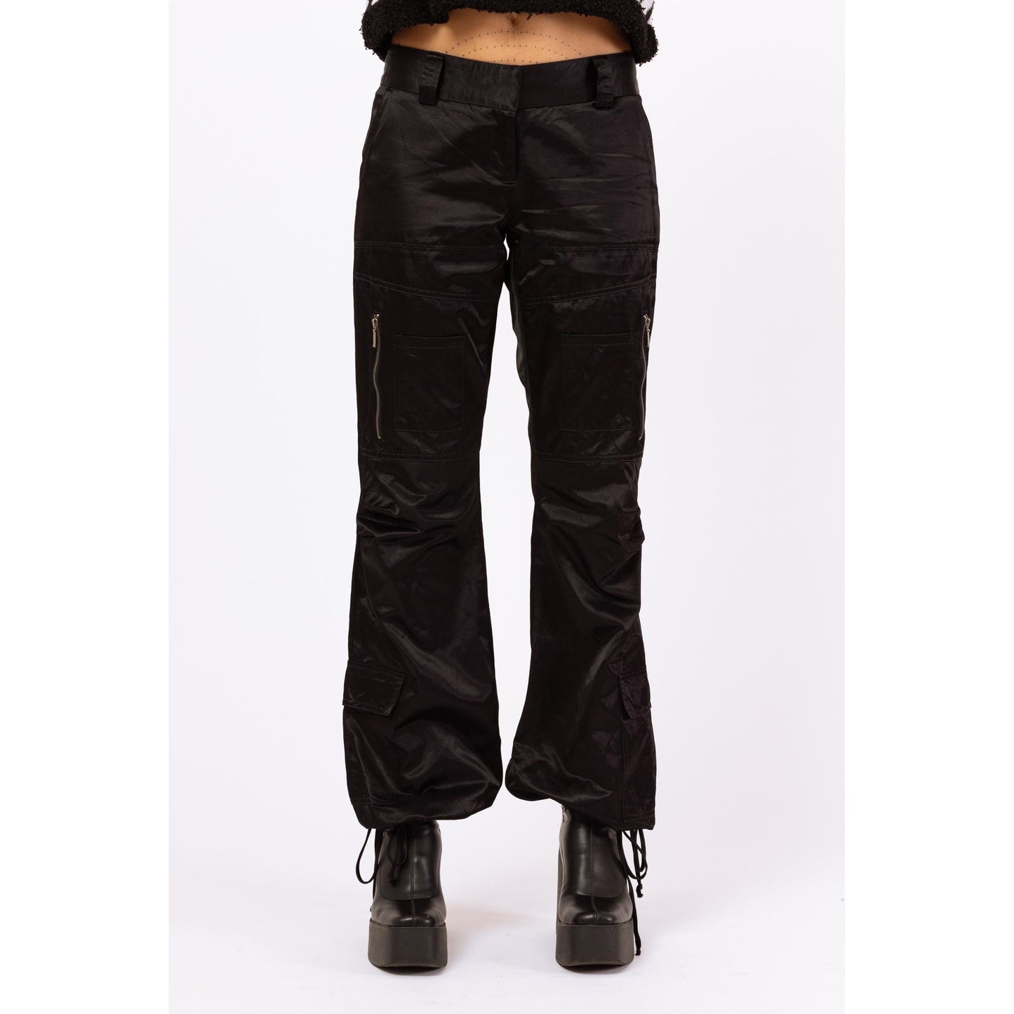 Vintage Y2K Gothic Black Satin Low Rise Cargo Pocket Pants - Medium, Size 10 | Cyber Goth Pants, 2000s Alt Girl Aesthetic