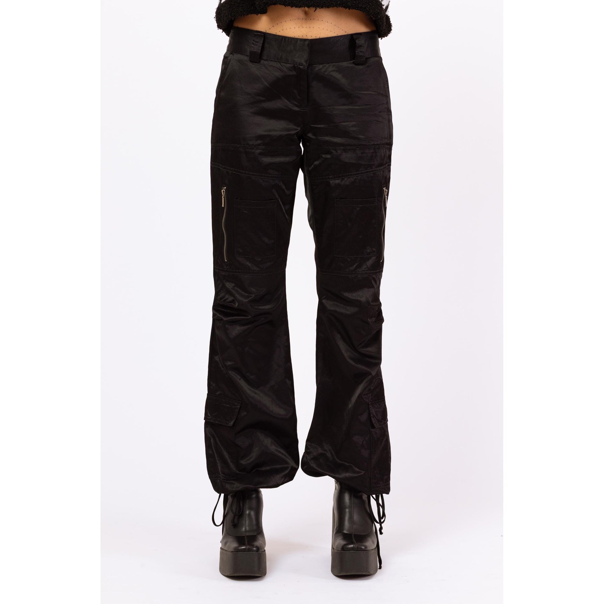 Vintage Y2K Gothic Black Satin Low Rise Cargo Pocket Pants - Medium, Size 10 | Cyber Goth Pants, 2000s Alt Girl Aesthetic