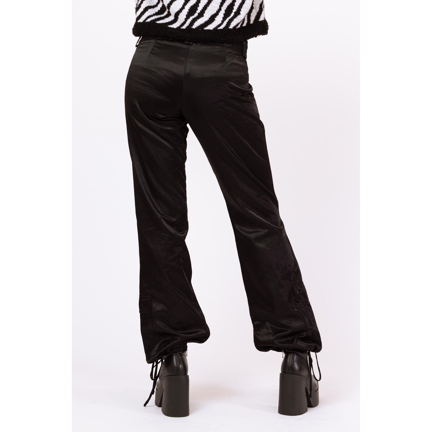 Vintage Y2K Gothic Black Satin Low Rise Cargo Pocket Pants - Medium, Size 10 | Cyber Goth Pants, 2000s Alt Girl Aesthetic