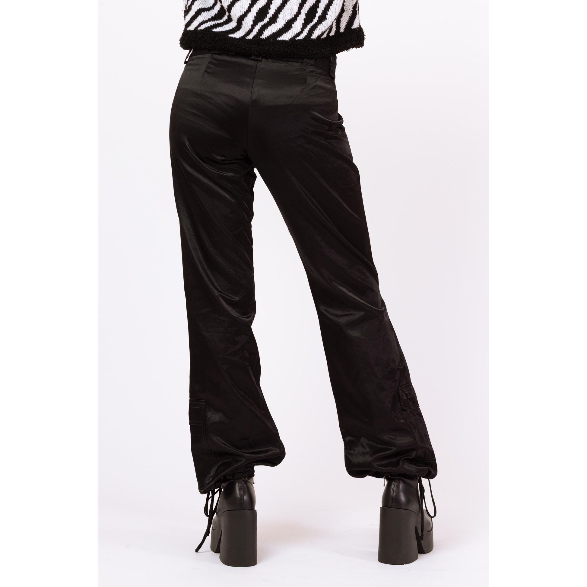 Vintage Y2K Gothic Black Satin Low Rise Cargo Pocket Pants - Medium, Size 10 | Cyber Goth Pants, 2000s Alt Girl Aesthetic