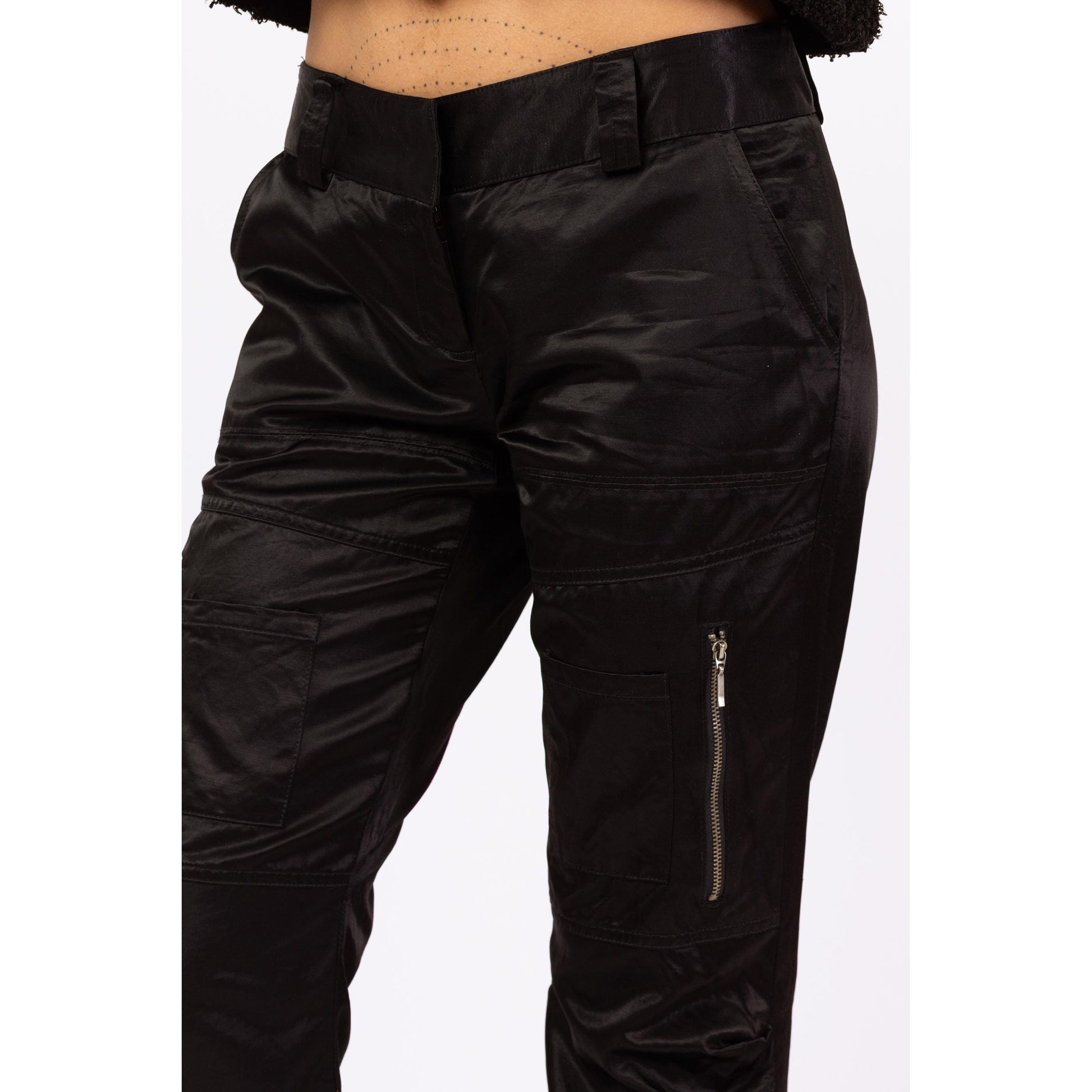 Vintage Y2K Gothic Black Satin Low Rise Cargo Pocket Pants - Medium, Size 10 | Cyber Goth Pants, 2000s Alt Girl Aesthetic