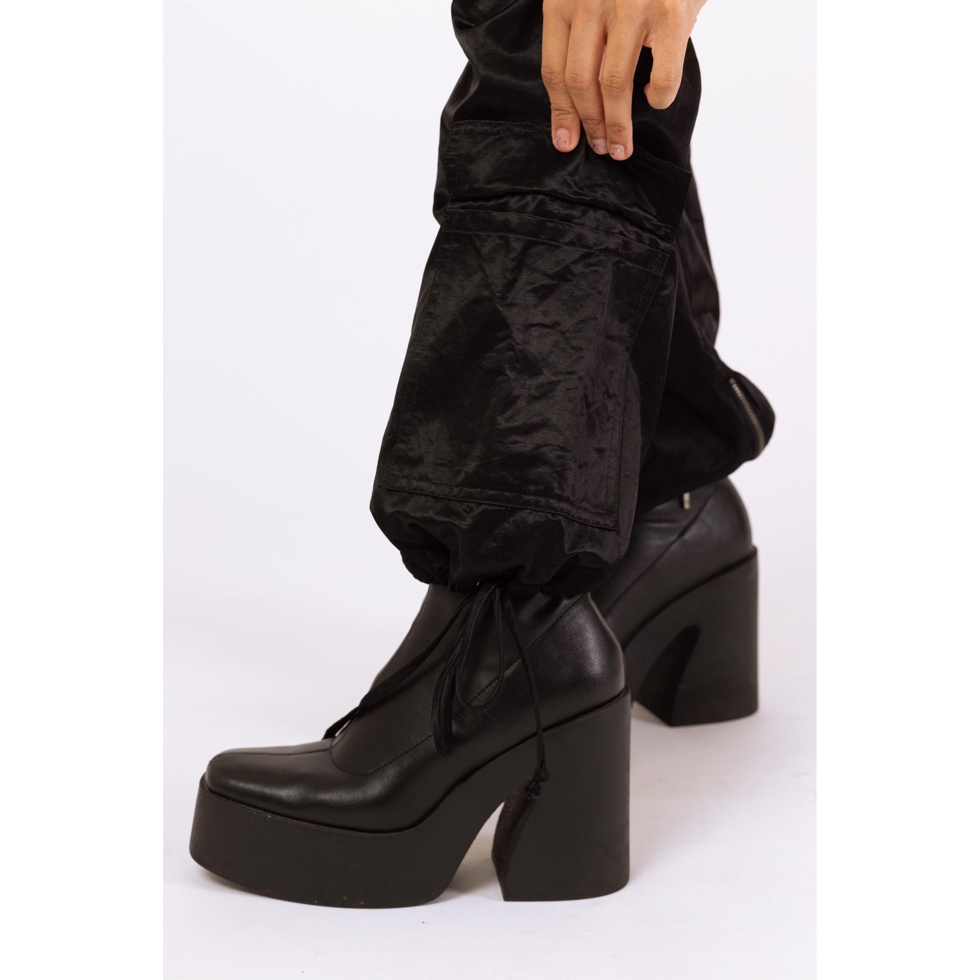 Vintage Y2K Gothic Black Satin Low Rise Cargo Pocket Pants - Medium, Size 10 | Cyber Goth Pants, 2000s Alt Girl Aesthetic