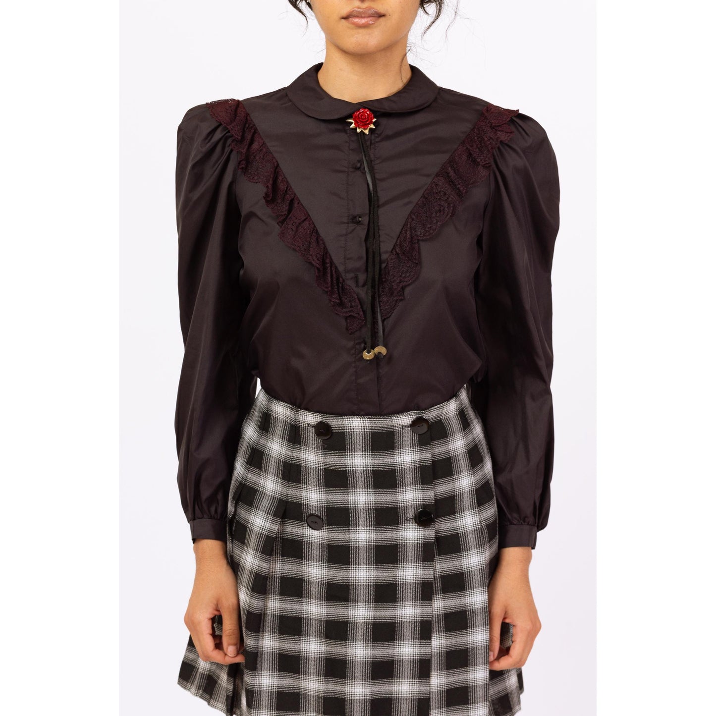 Vintage 80s Gothic Victorian Black Lace Trim Blouse - Medium | Goth Puff Sleeve Shirt, Dark Academia Collared Top