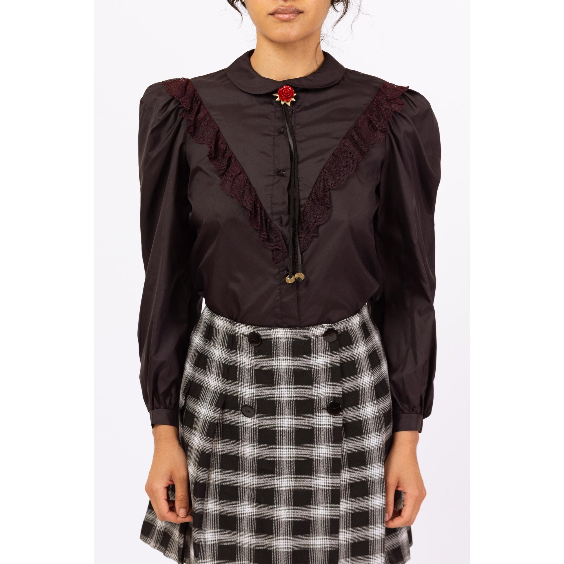 Vintage 80s Gothic Victorian Black Lace Trim Blouse - Medium | Goth Puff Sleeve Shirt, Dark Academia Collared Top