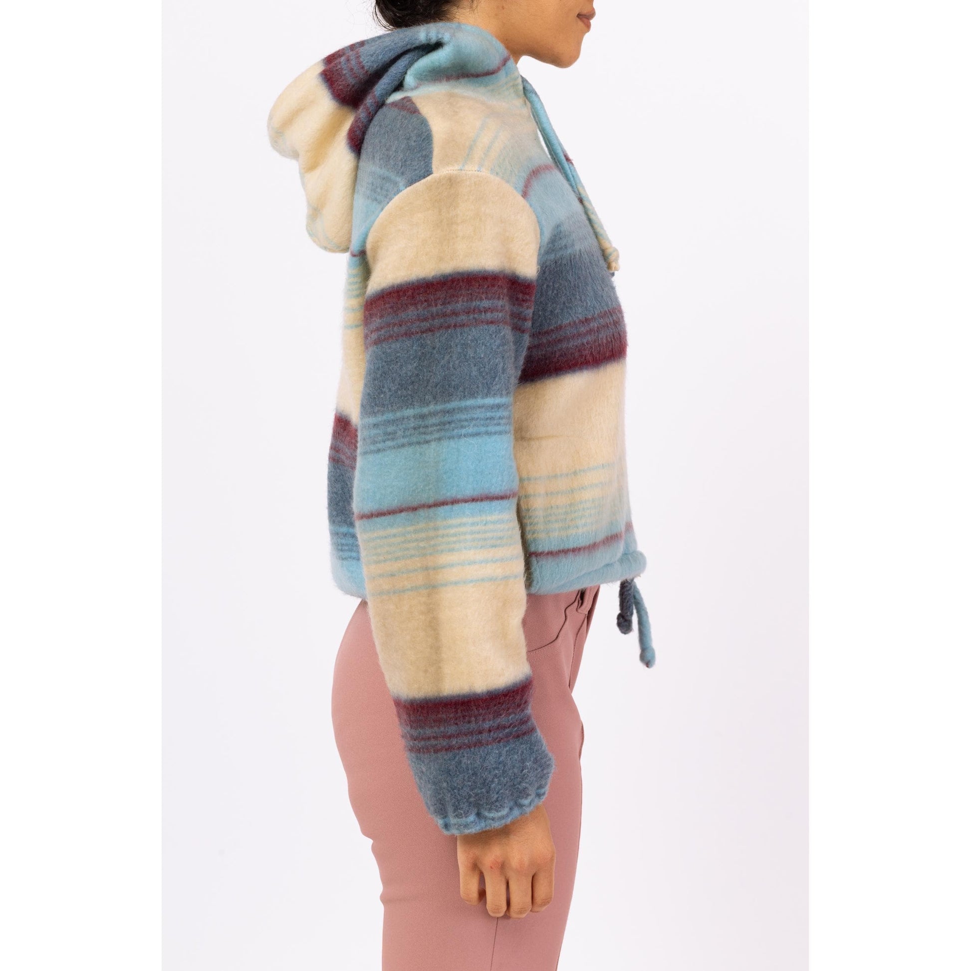Vintage 70s Boho Fleece Striped Hoodie - Medium | Soft Girl Aesthetic, Blue & Cream Zip Up Hooded Sweatshirt