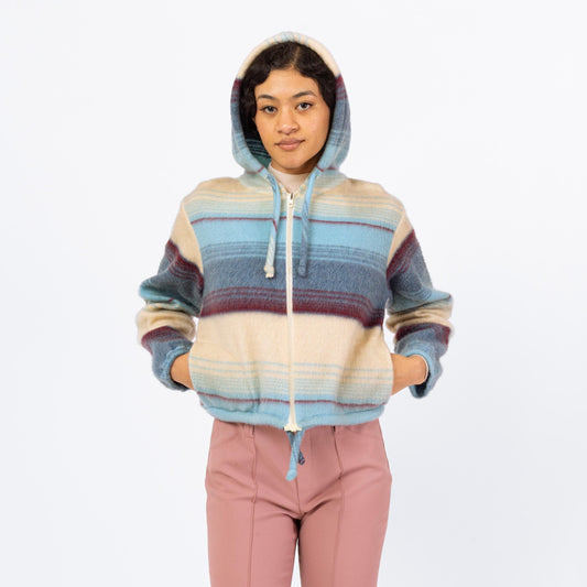 Vintage 70s Boho Fleece Striped Hoodie - Medium | Soft Girl Aesthetic, Blue & Cream Zip Up Hooded Sweatshirt
