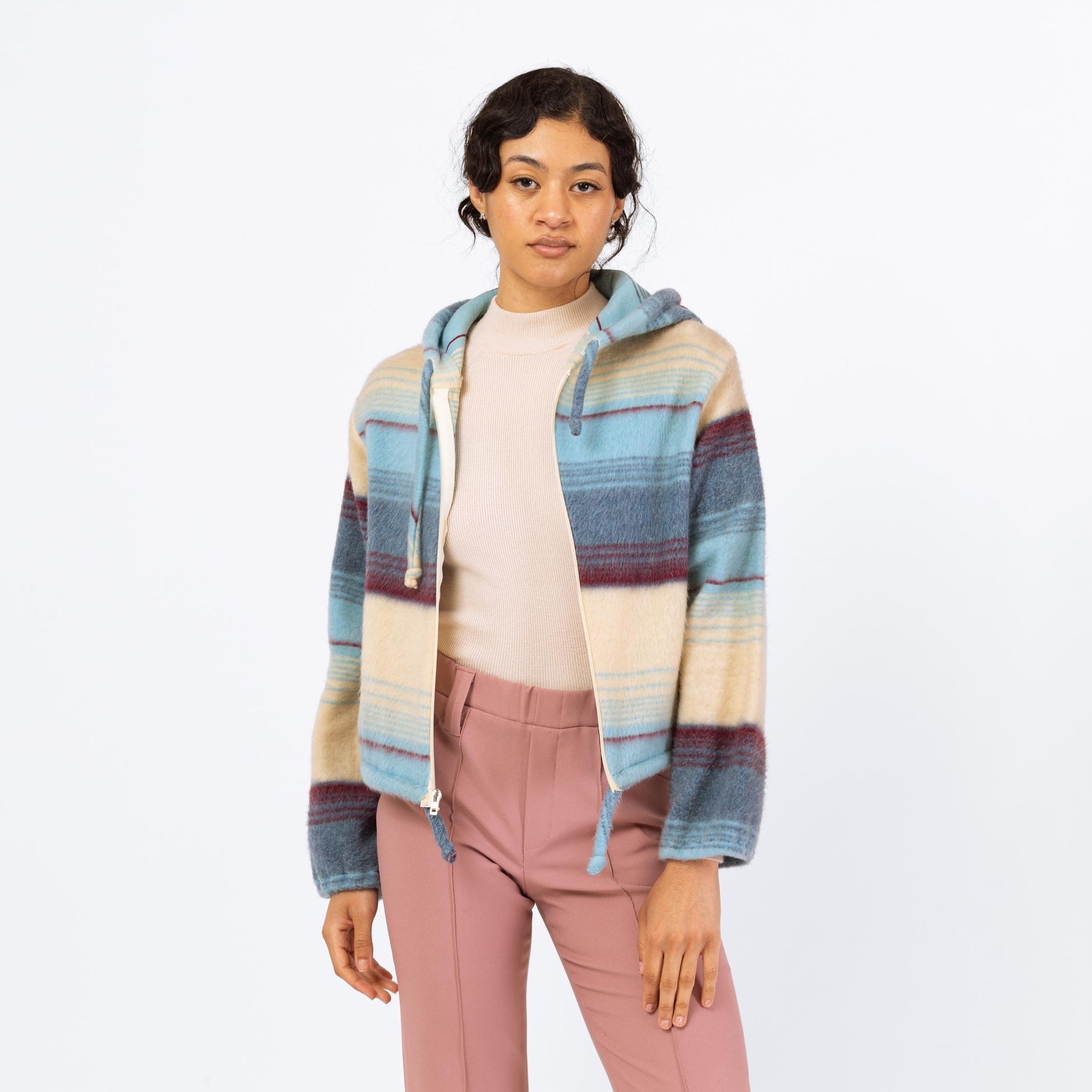 Vintage 70s Boho Fleece Striped Hoodie - Medium | Soft Girl Aesthetic, Blue & Cream Zip Up Hooded Sweatshirt