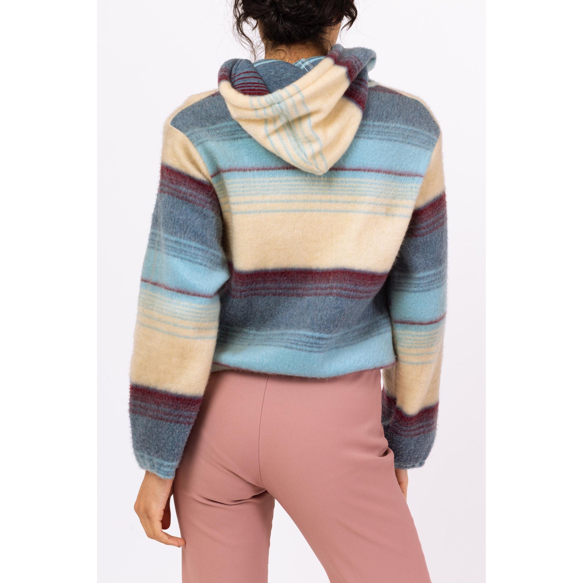 Vintage 70s Boho Fleece Striped Hoodie - Medium | Soft Girl Aesthetic, Blue & Cream Zip Up Hooded Sweatshirt